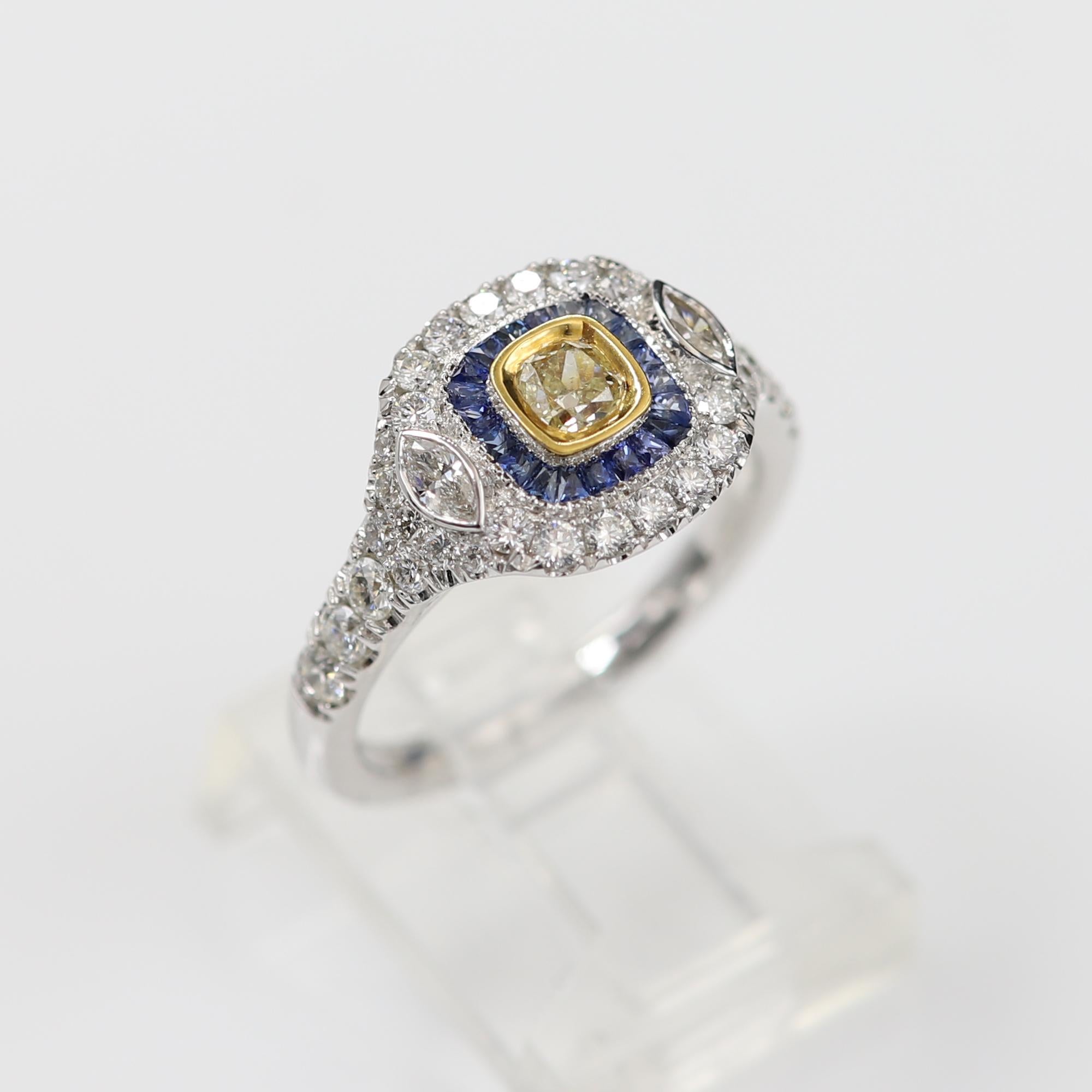 Bague de style Art déco en or blanc 18 carats avec saphir bleu et diamant jaune clair en vente 7