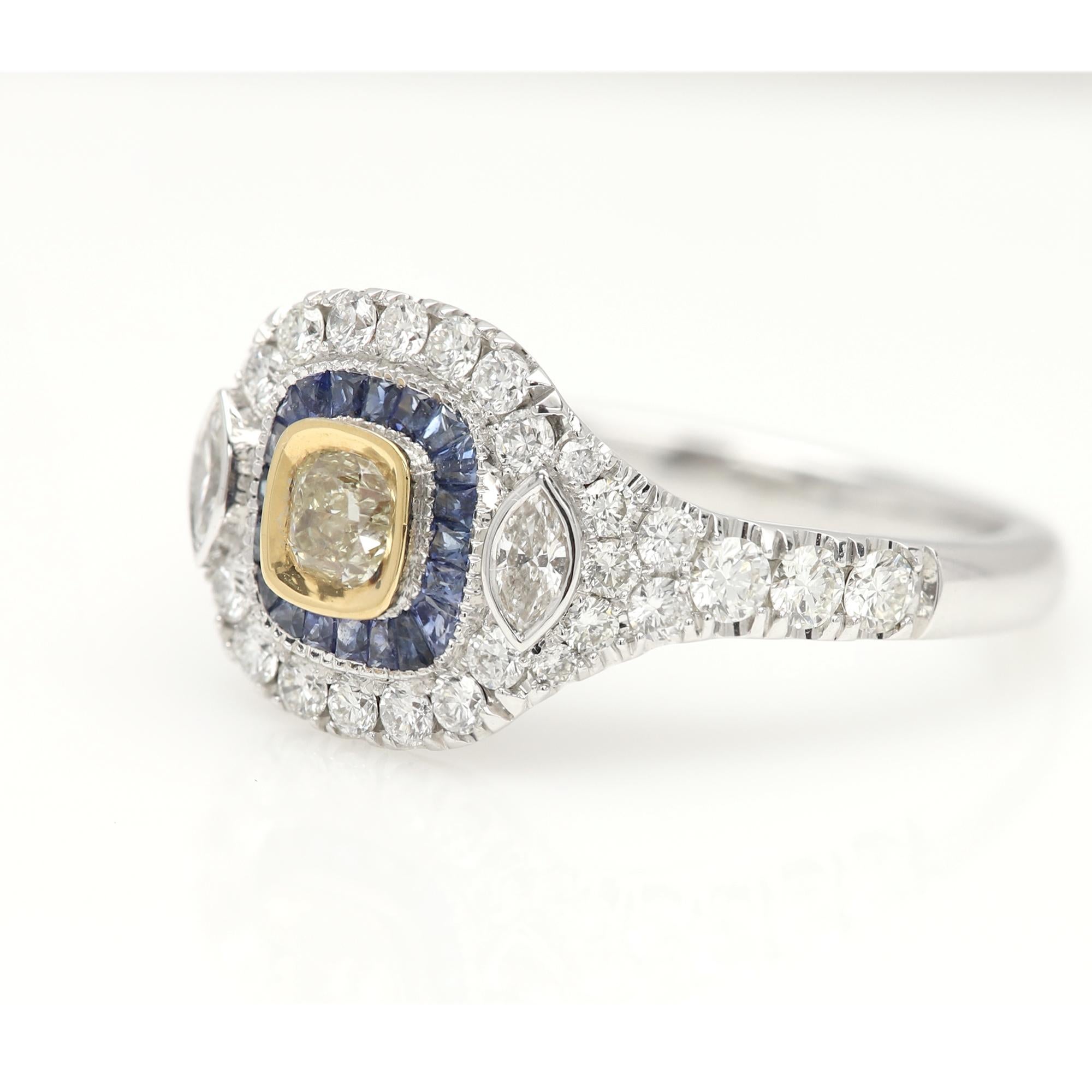 Anello in stile Art Déco in oro bianco 18 carati con zaffiro blu e diamante giallo chiaro in vendita 6