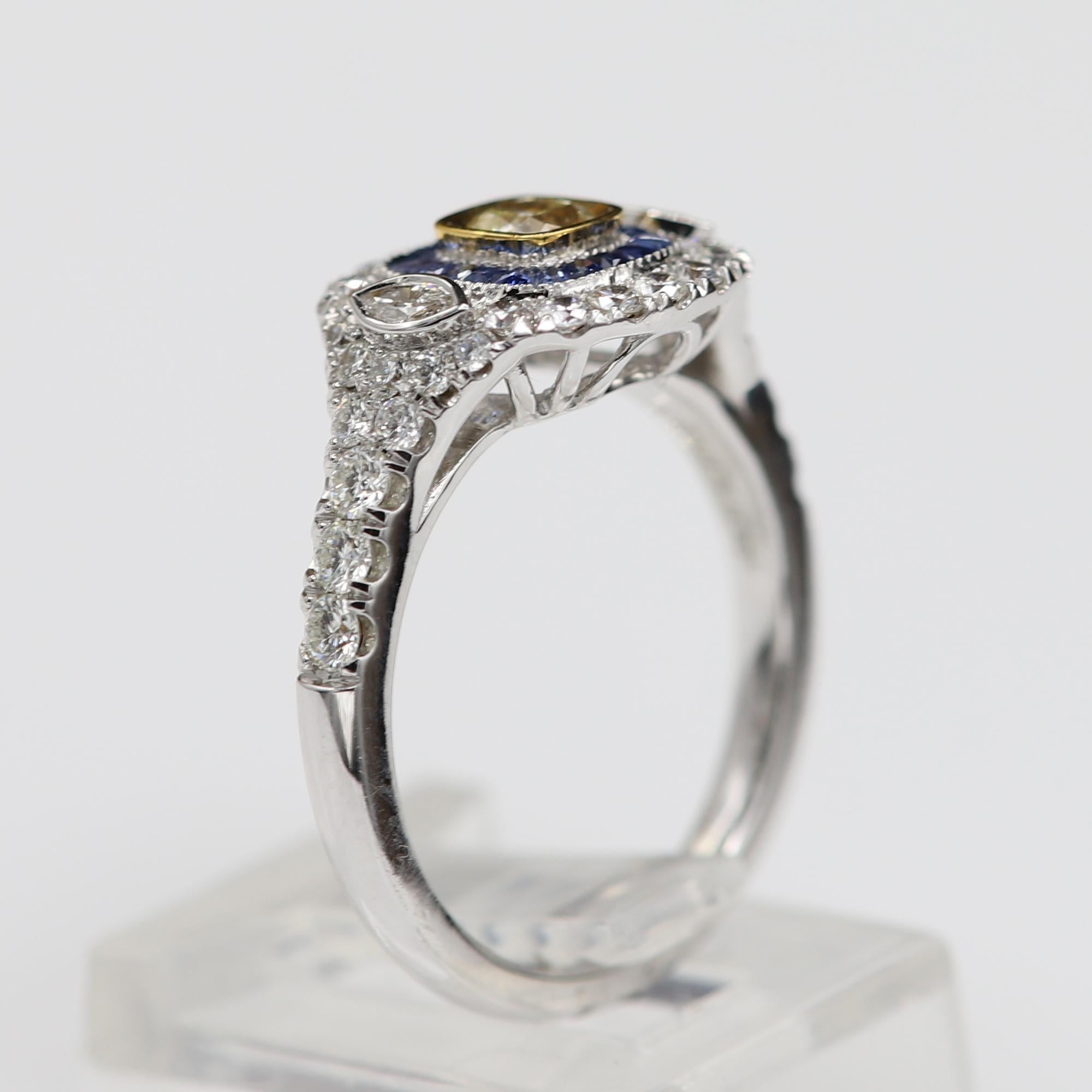 Art Deco Style Ring 18 Karat White Gold Blue Sapphire & Light Yellow Diamond For Sale 8