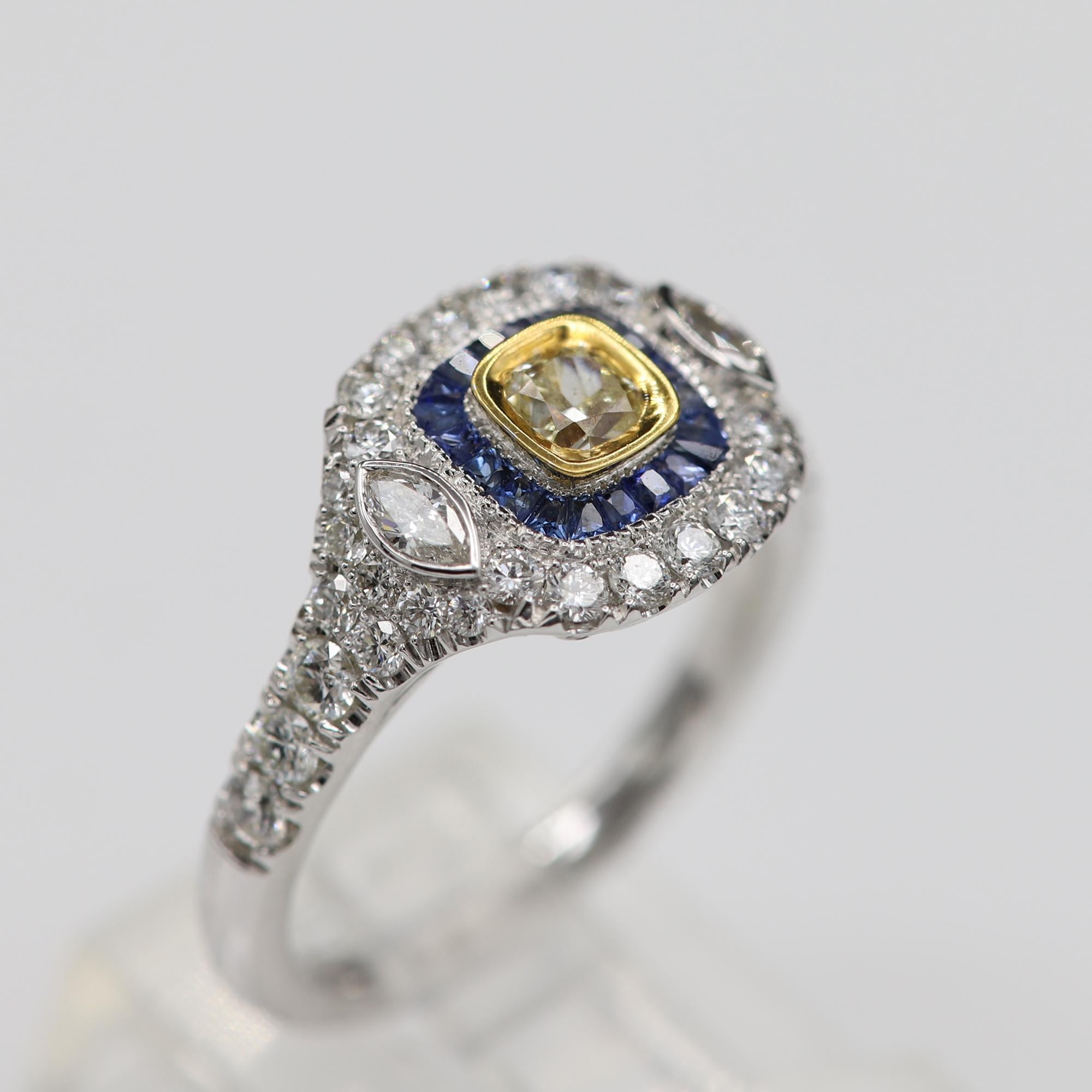 Art Deco Style Ring 18 Karat White Gold Blue Sapphire & Light Yellow Diamond For Sale 9