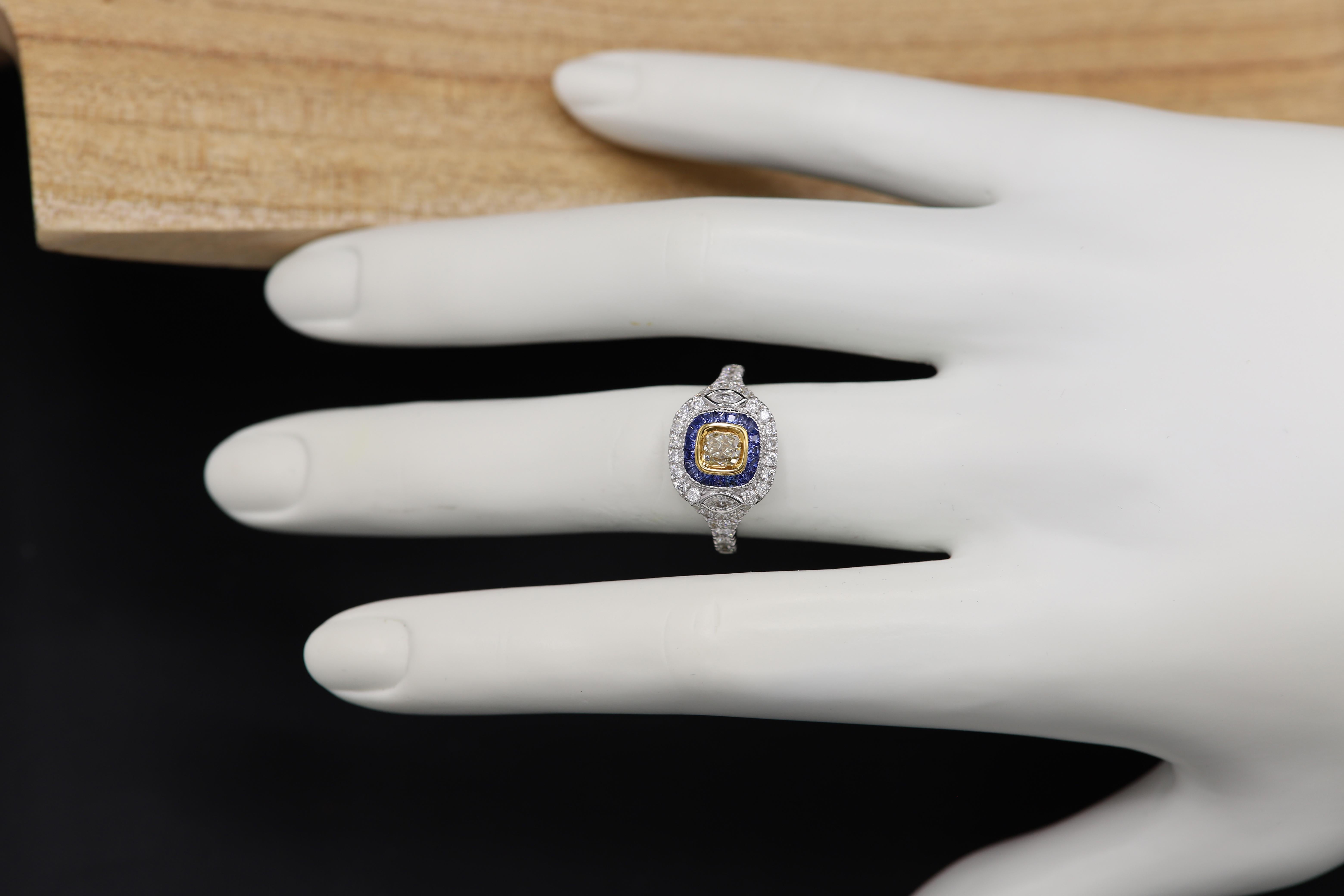 Cushion Cut Art Deco Style Ring 18 Karat White Gold Blue Sapphire & Light Yellow Diamond For Sale