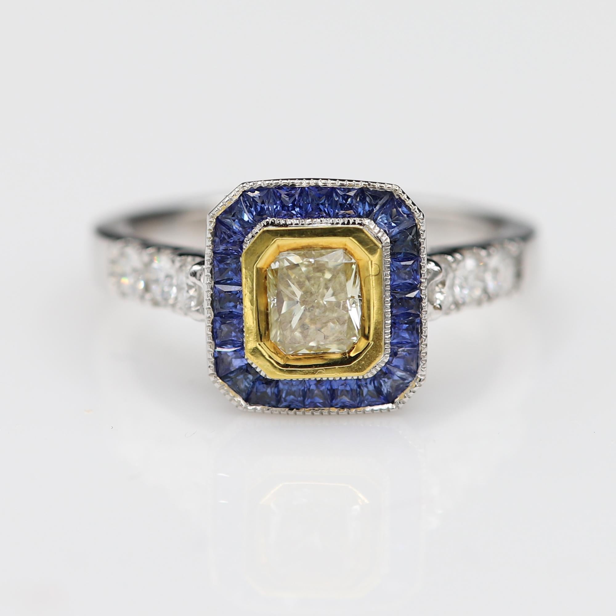 Cushion Cut Art Deco Style Ring 18 Karat White Gold Blue Sapphire & Light Yellow Diamond For Sale