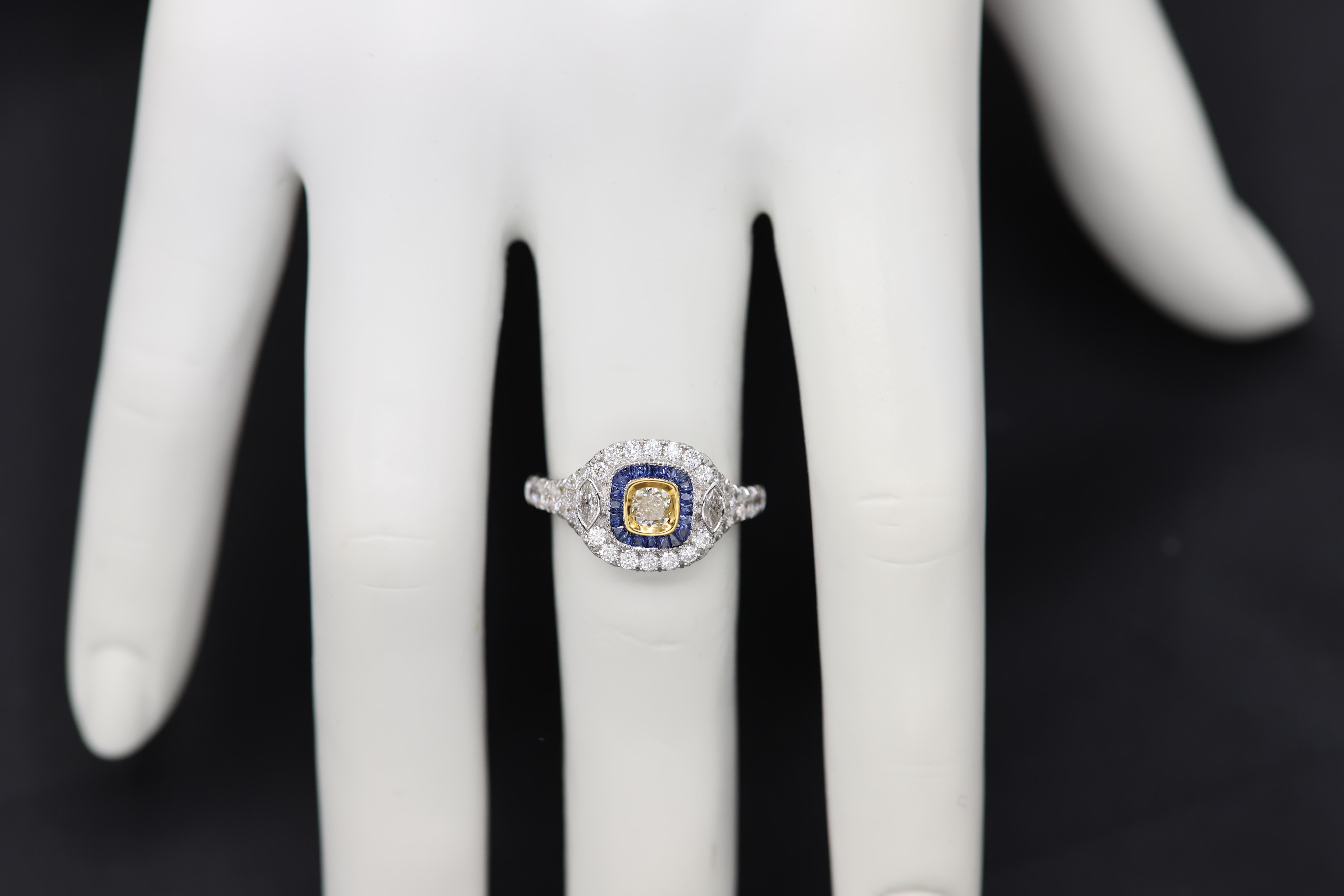 Art Deco Style Ring 18 Karat White Gold Blue Sapphire & Light Yellow Diamond In New Condition For Sale In Brooklyn, NY