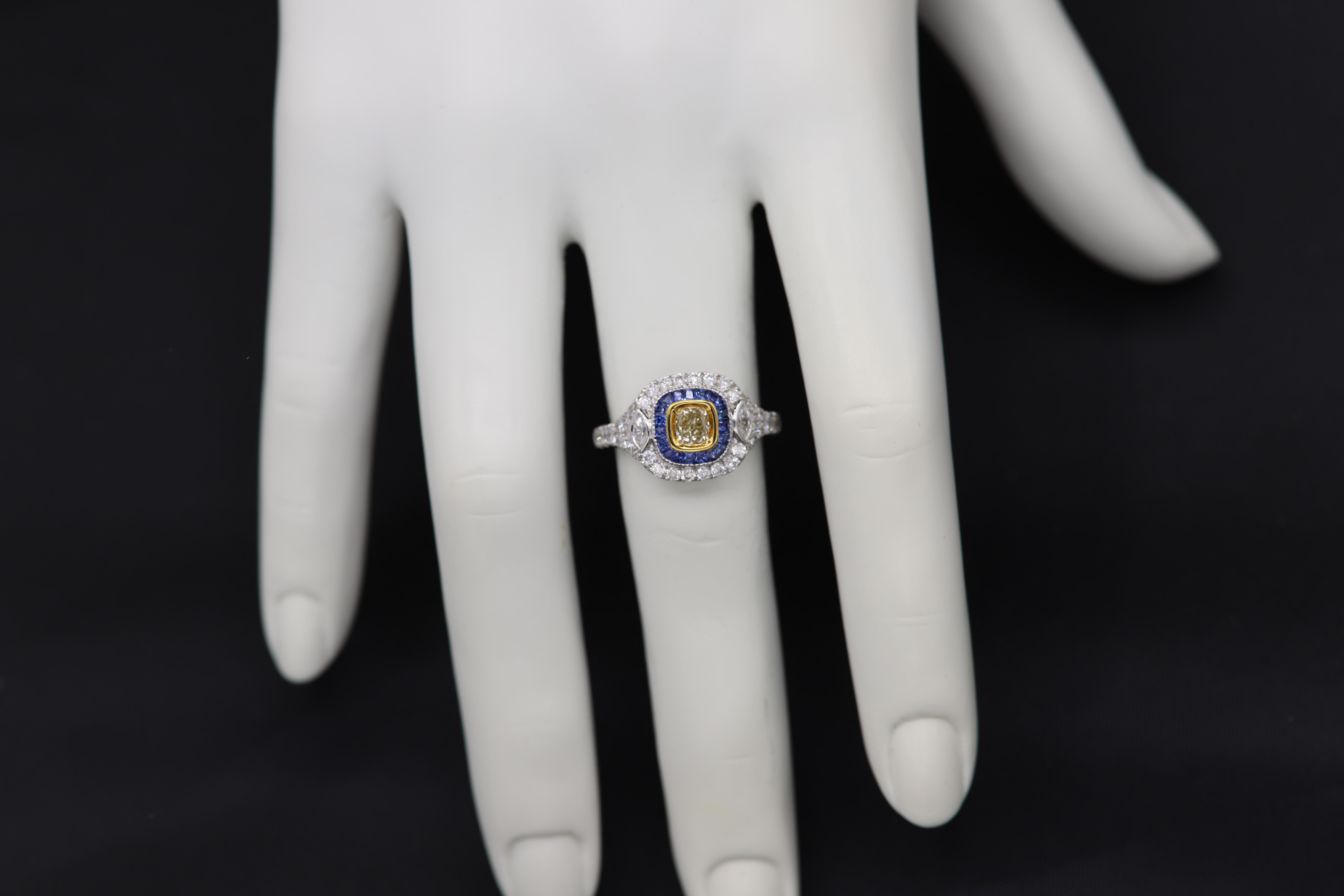 Art Deco Stil Ring 18 Karat Weißgold Blauer Saphir & Hellgelber Diamant (Kissenschliff) im Angebot