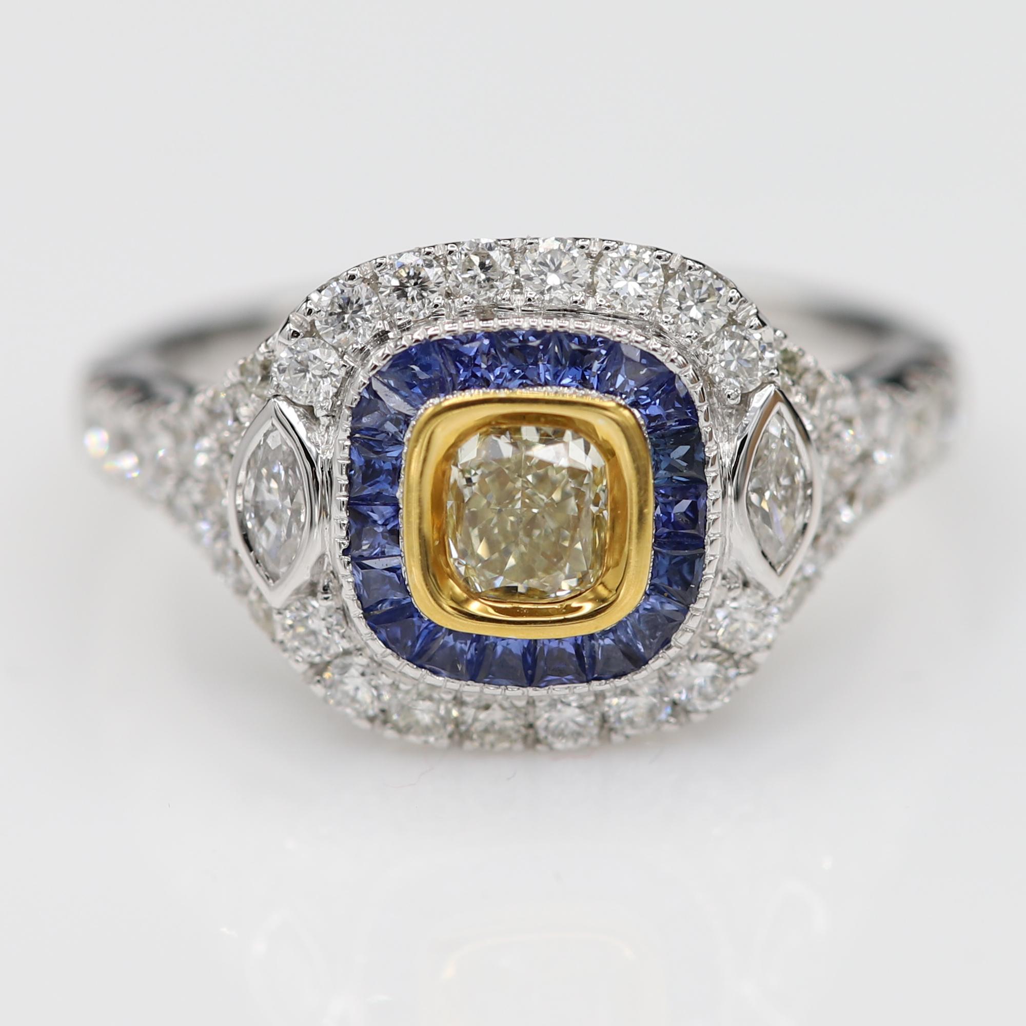 Women's Art Deco Style Ring 18 Karat White Gold Blue Sapphire & Light Yellow Diamond For Sale