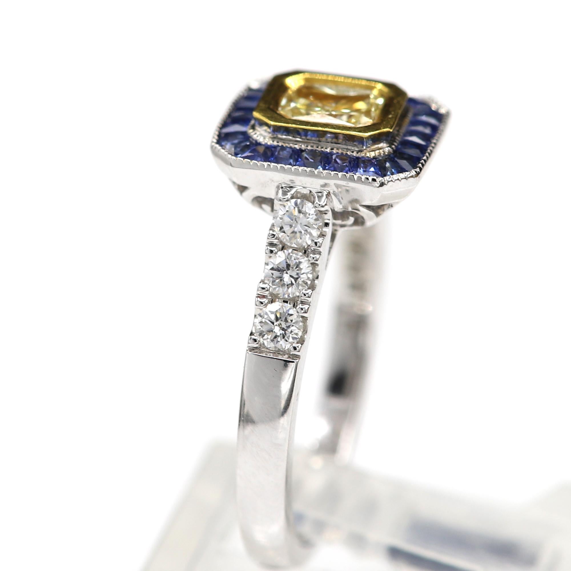 Women's Art Deco Style Ring 18 Karat White Gold Blue Sapphire & Light Yellow Diamond For Sale