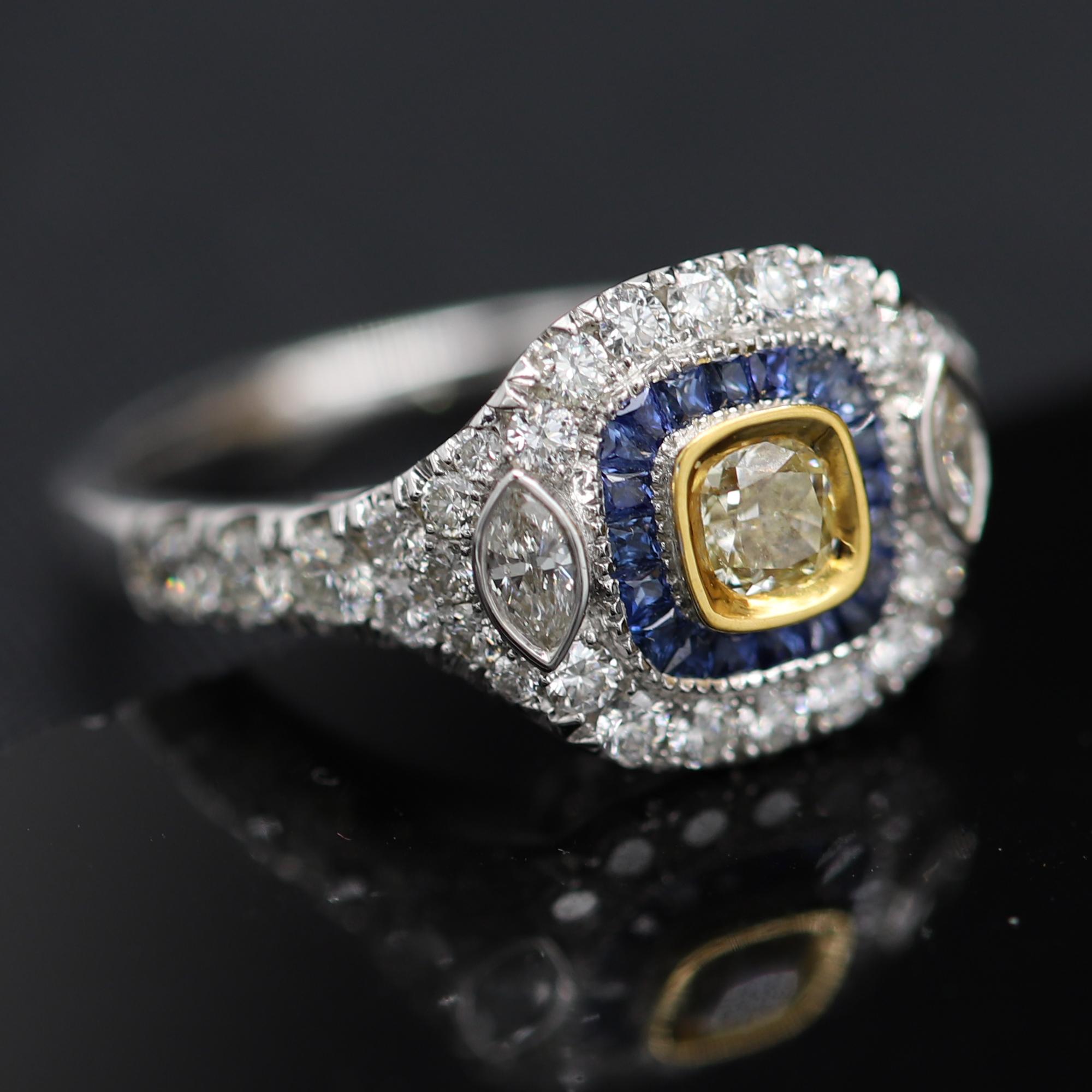 Art Deco Style Ring 18 Karat White Gold Blue Sapphire & Light Yellow Diamond For Sale 1