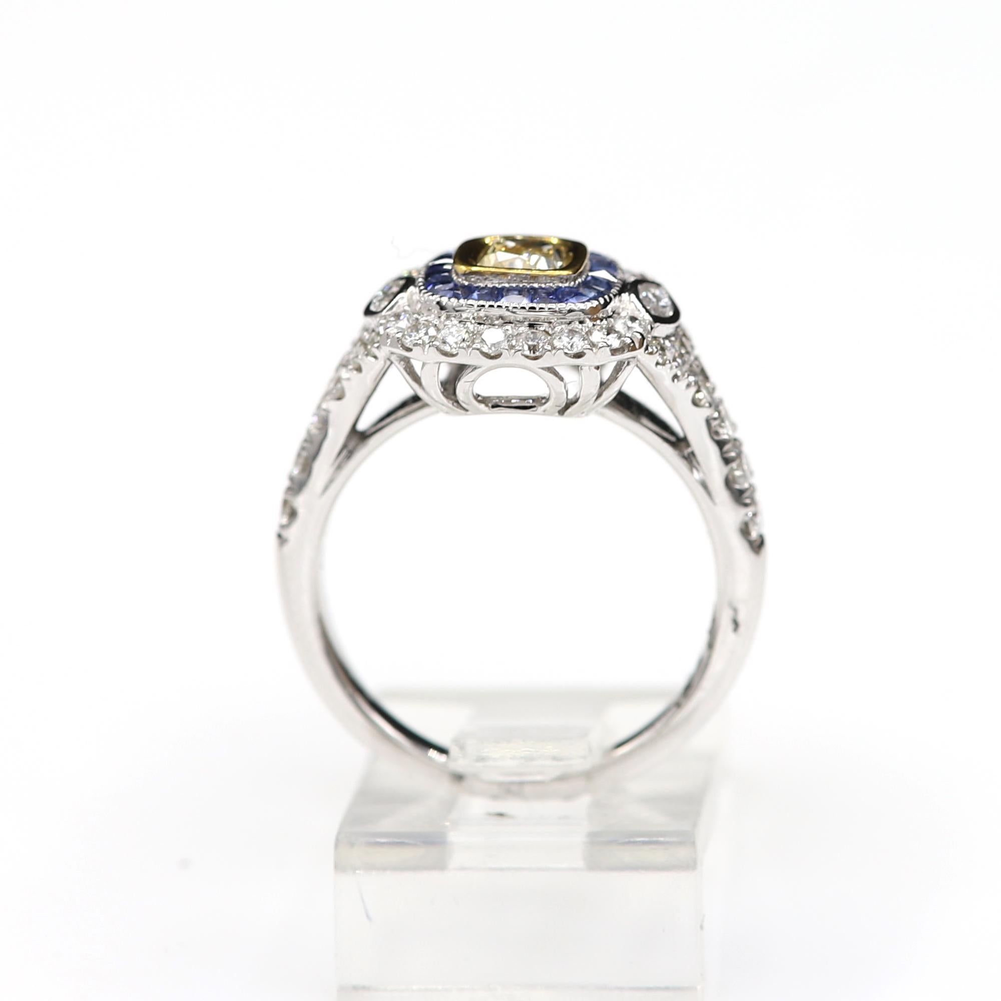 Art Deco Stil Ring 18 Karat Weißgold Blauer Saphir & Hellgelber Diamant Damen im Angebot