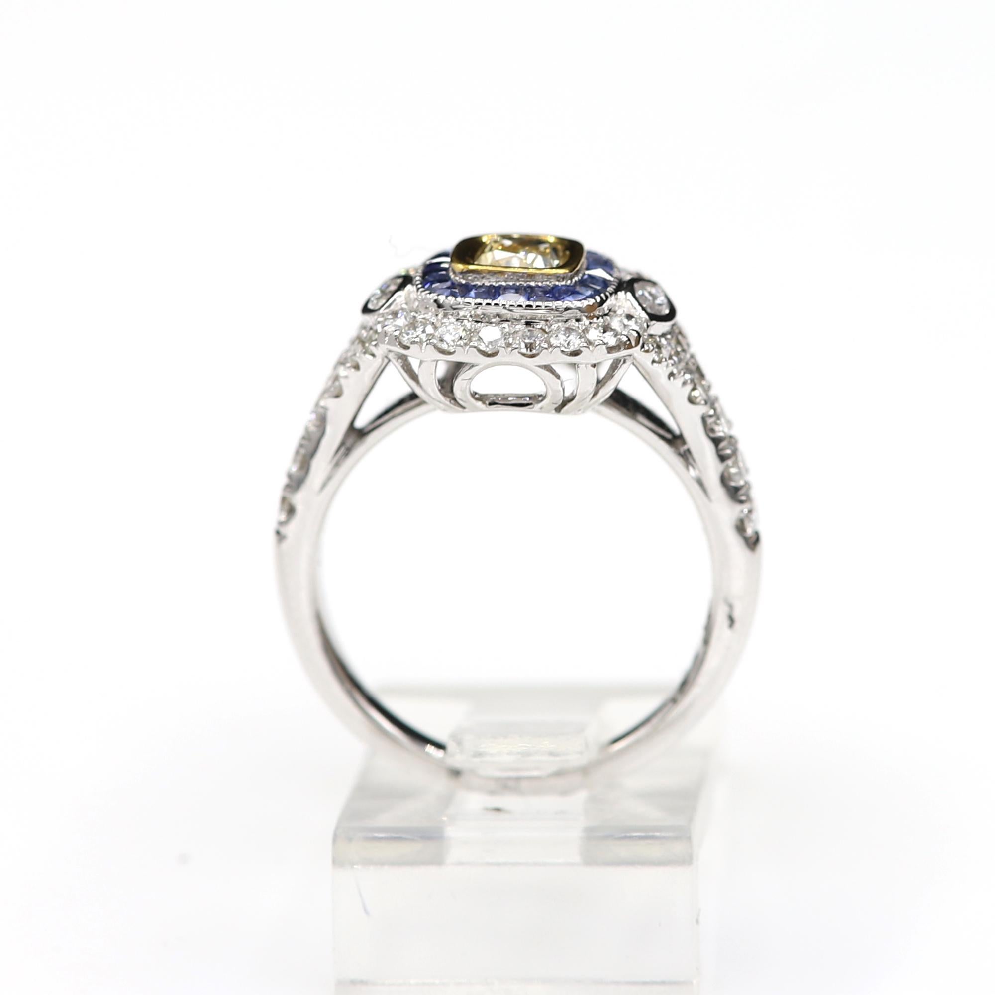 Art Deco Style Ring 18 Karat White Gold Blue Sapphire & Light Yellow Diamond For Sale 1