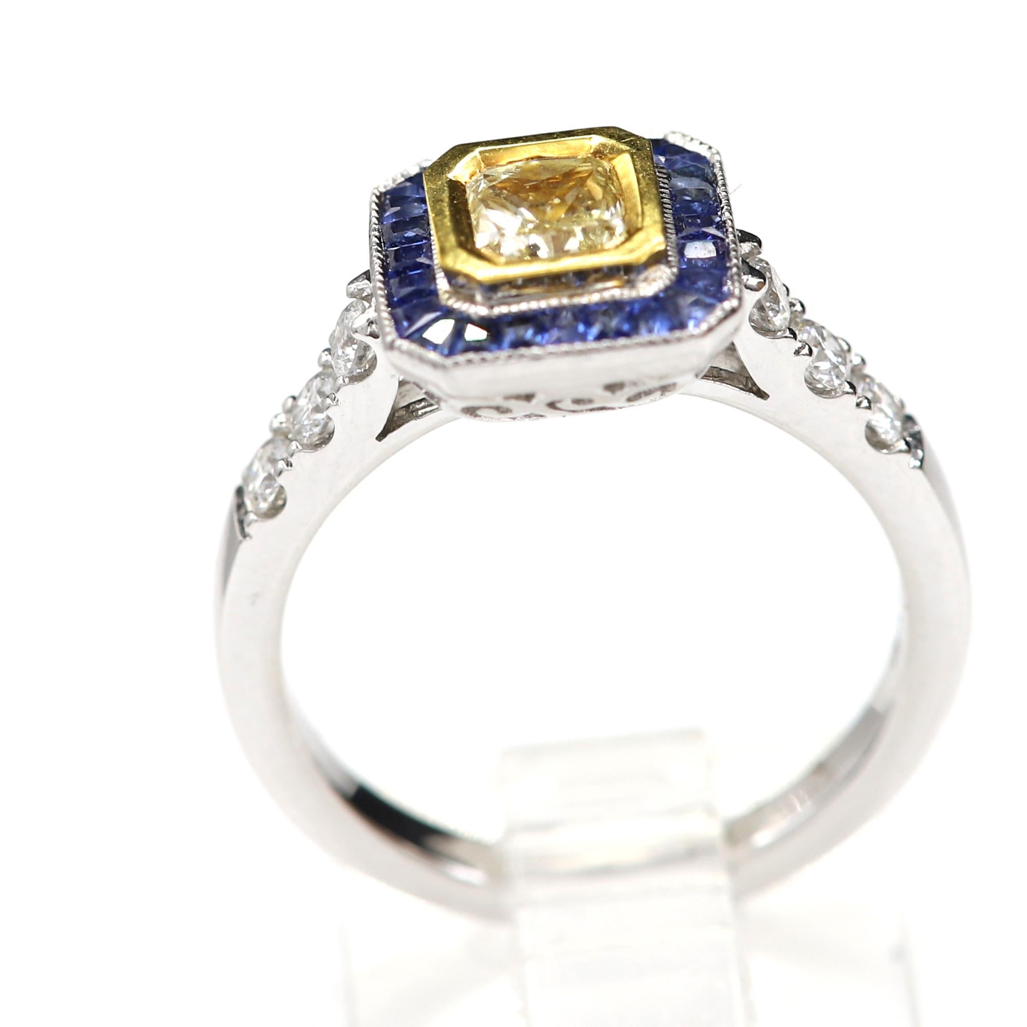 Art Deco Style Ring 18 Karat White Gold Blue Sapphire & Light Yellow Diamond For Sale 1