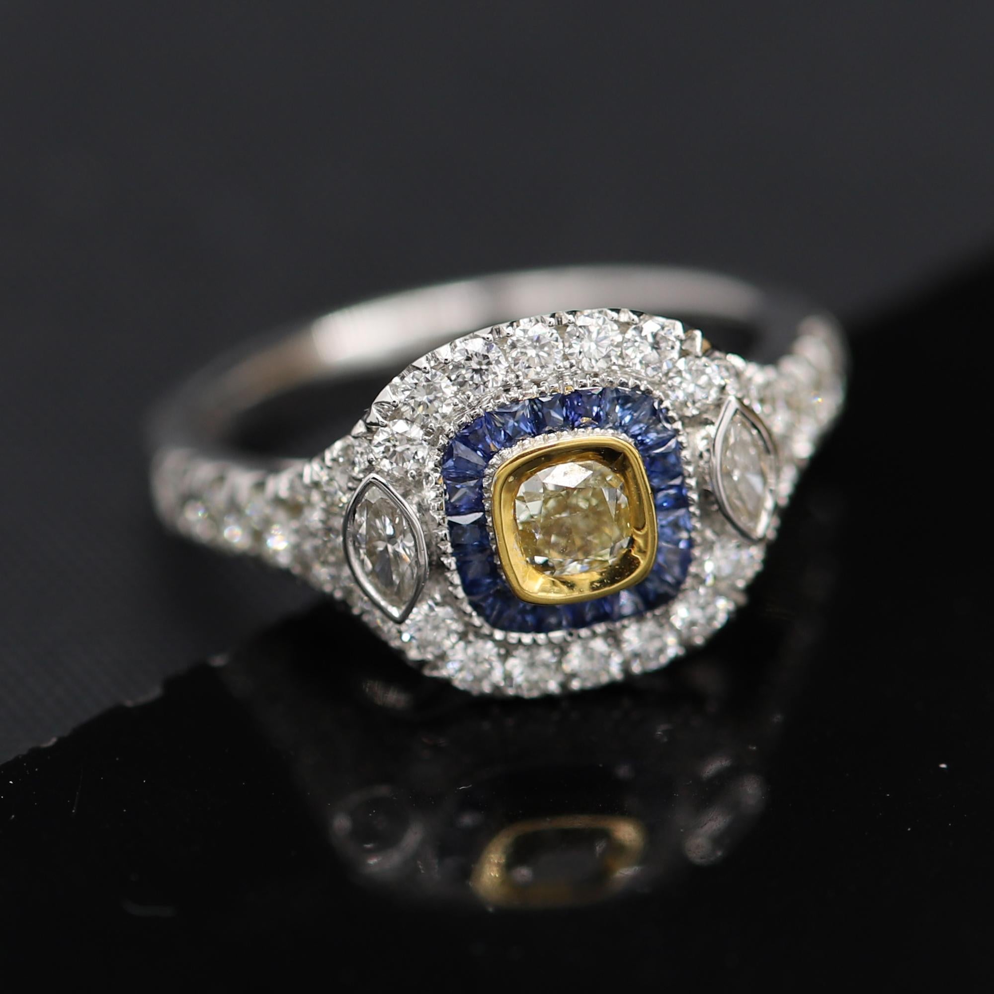Art Deco Style Ring 18 Karat White Gold Blue Sapphire & Light Yellow Diamond For Sale 2