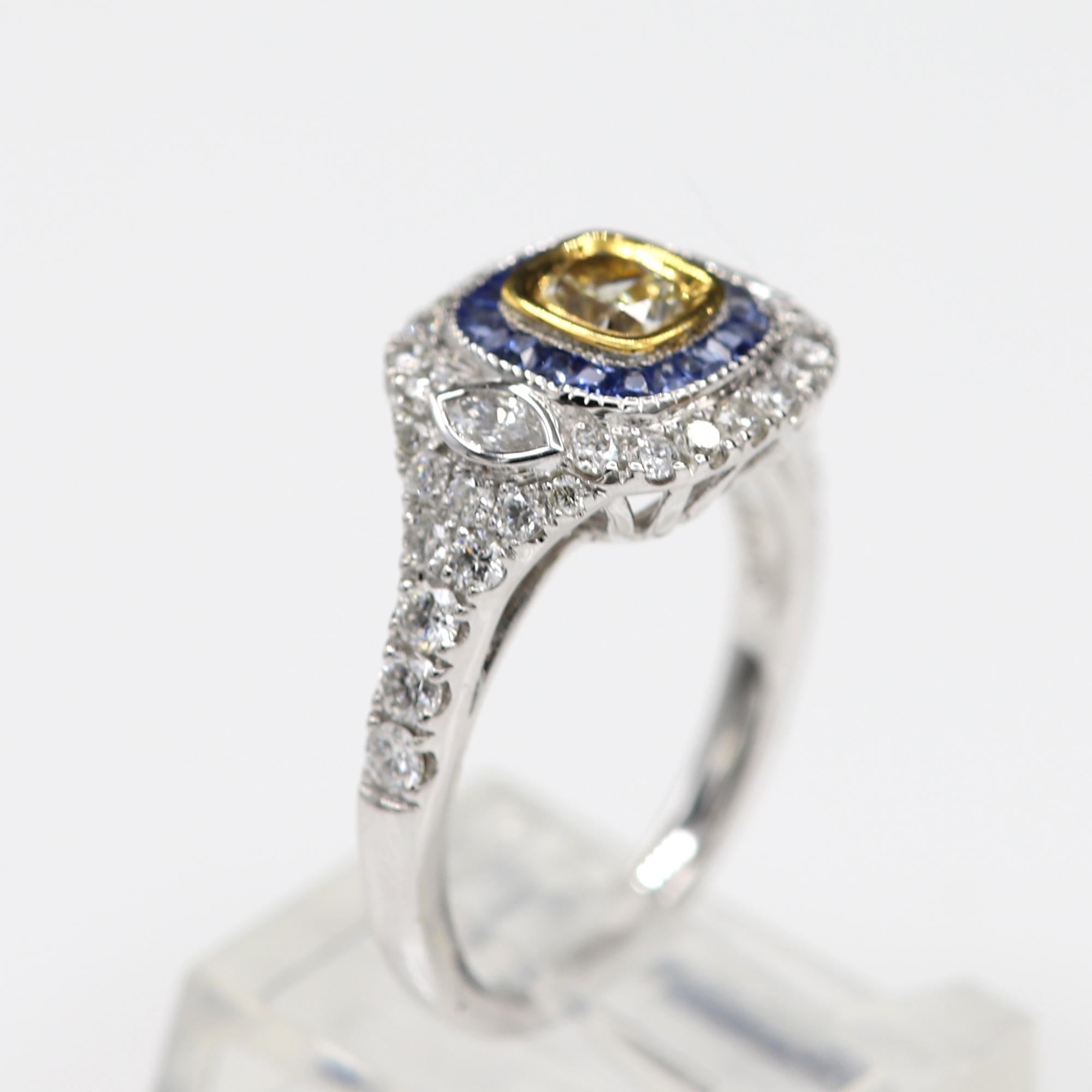 Art Deco Style Ring 18 Karat White Gold Blue Sapphire & Light Yellow Diamond For Sale 2