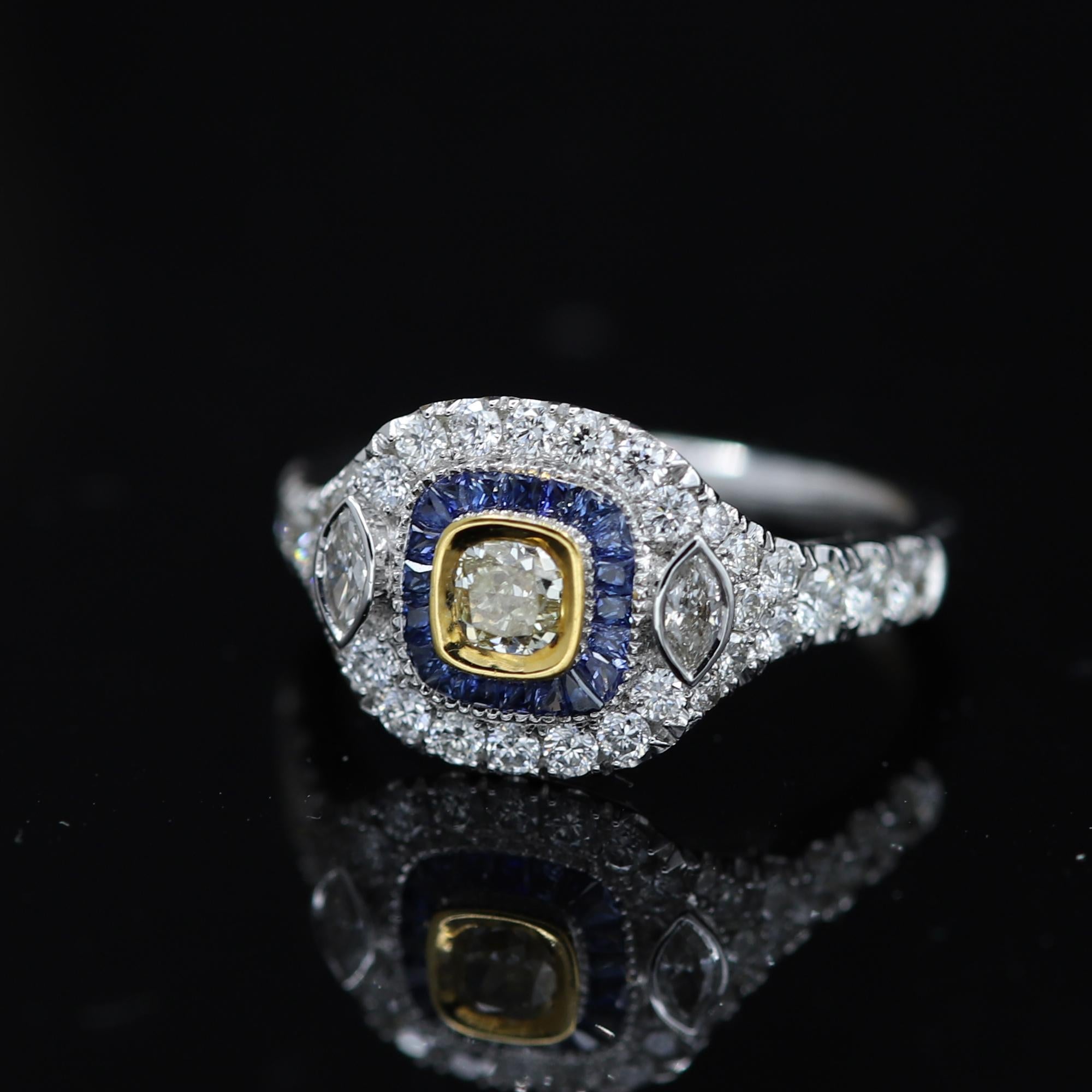 Art Deco Style Ring 18 Karat White Gold Blue Sapphire & Light Yellow Diamond For Sale 3