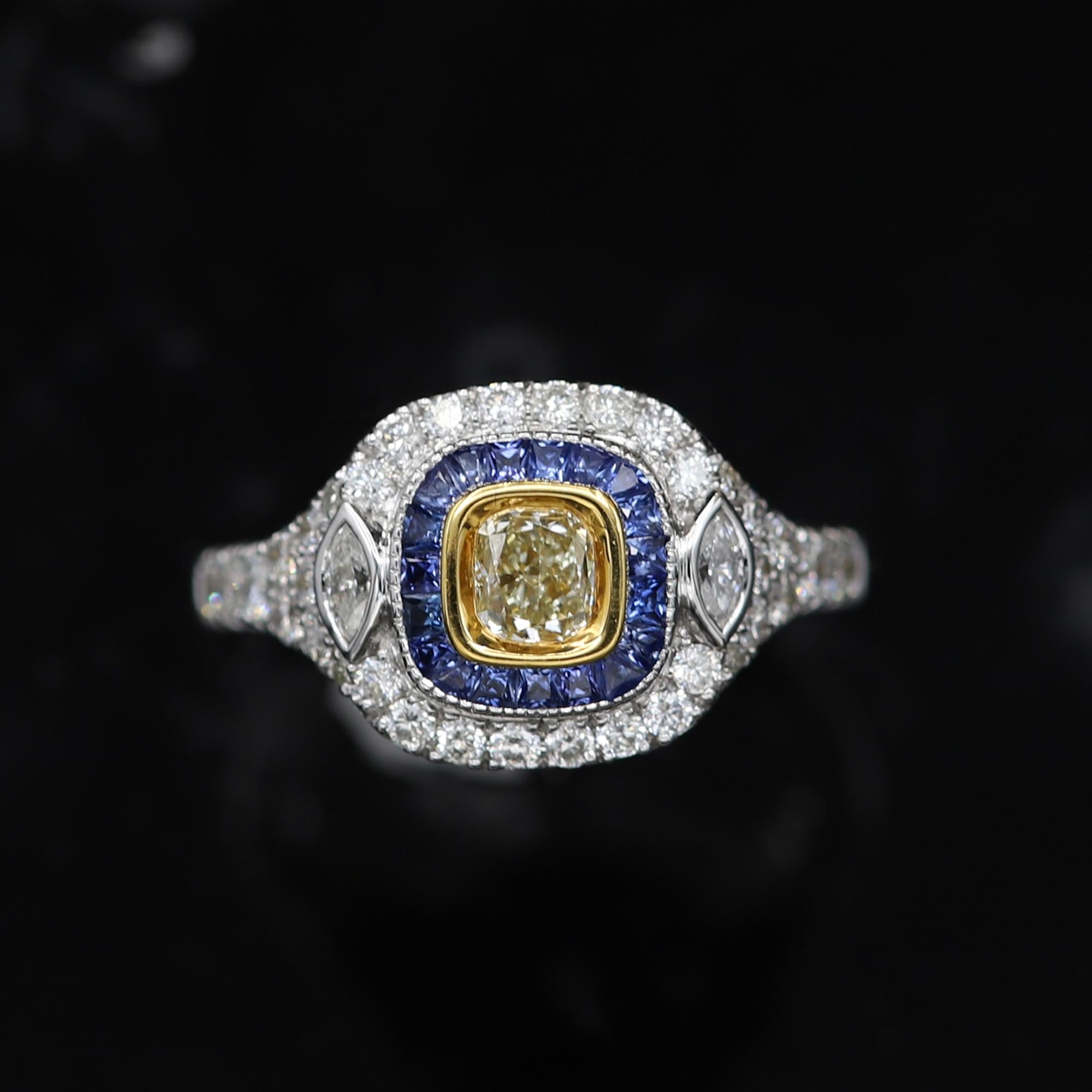 Art Deco Style Ring 18 Karat White Gold Blue Sapphire & Light Yellow Diamond For Sale 3