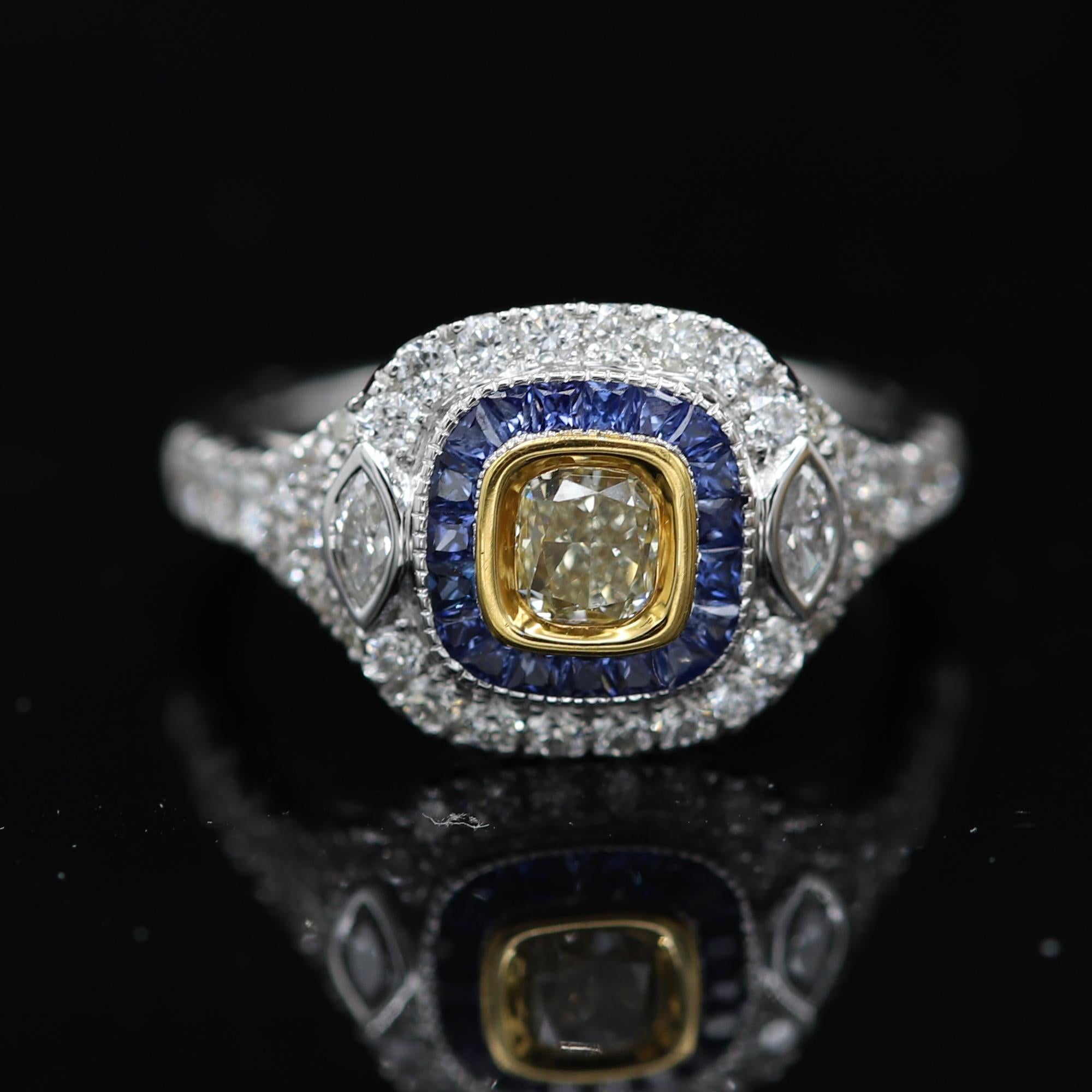 Art Deco Style Ring 18 Karat White Gold Blue Sapphire & Light Yellow Diamond For Sale 4