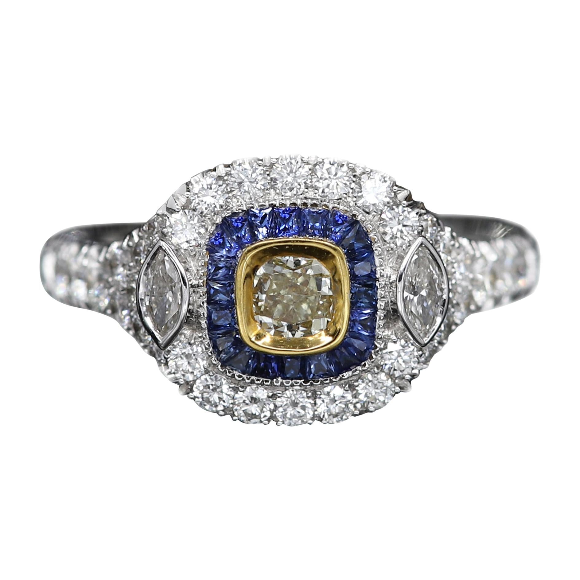 Art Deco Style Ring 18 Karat White Gold Blue Sapphire & Light Yellow Diamond
