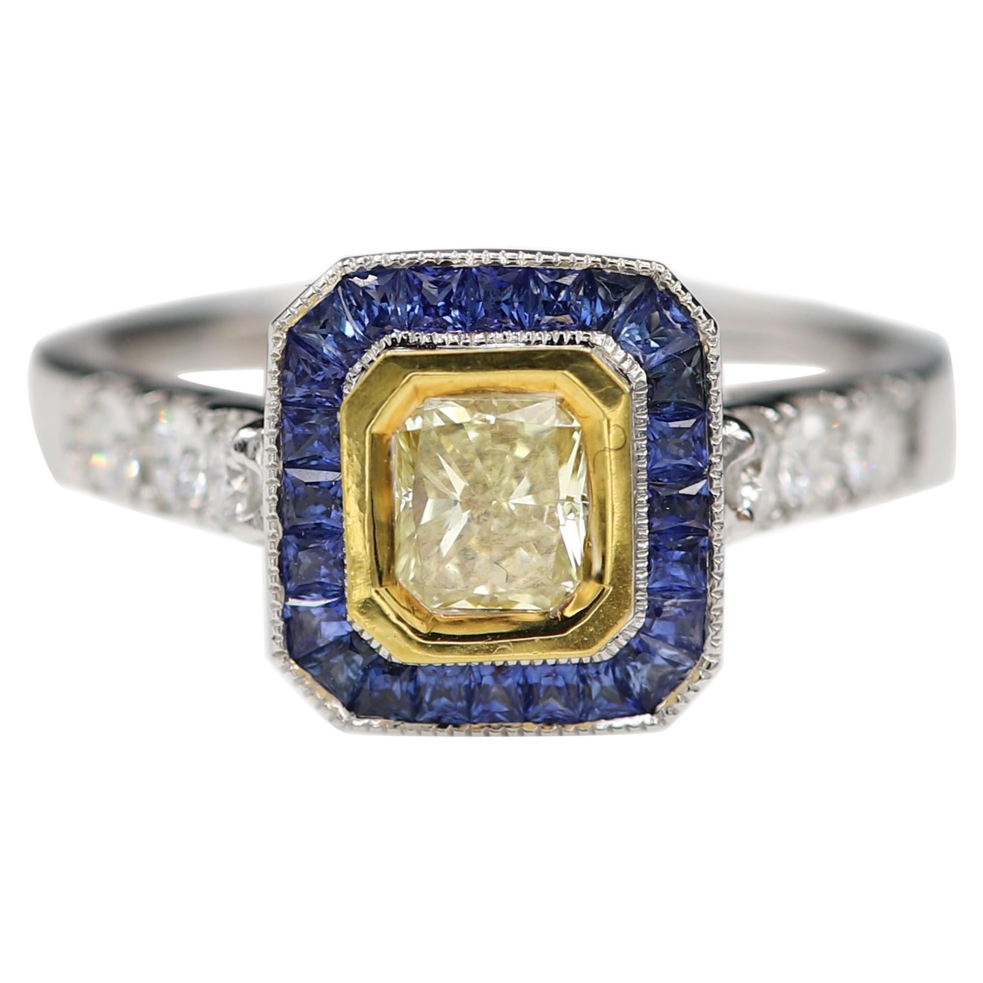 Art Deco Style Ring 18 Karat White Gold Blue Sapphire & Light Yellow Diamond For Sale