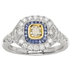 Anello in stile Art Déco in oro bianco 18 carati con zaffiro blu e diamante giallo chiaro