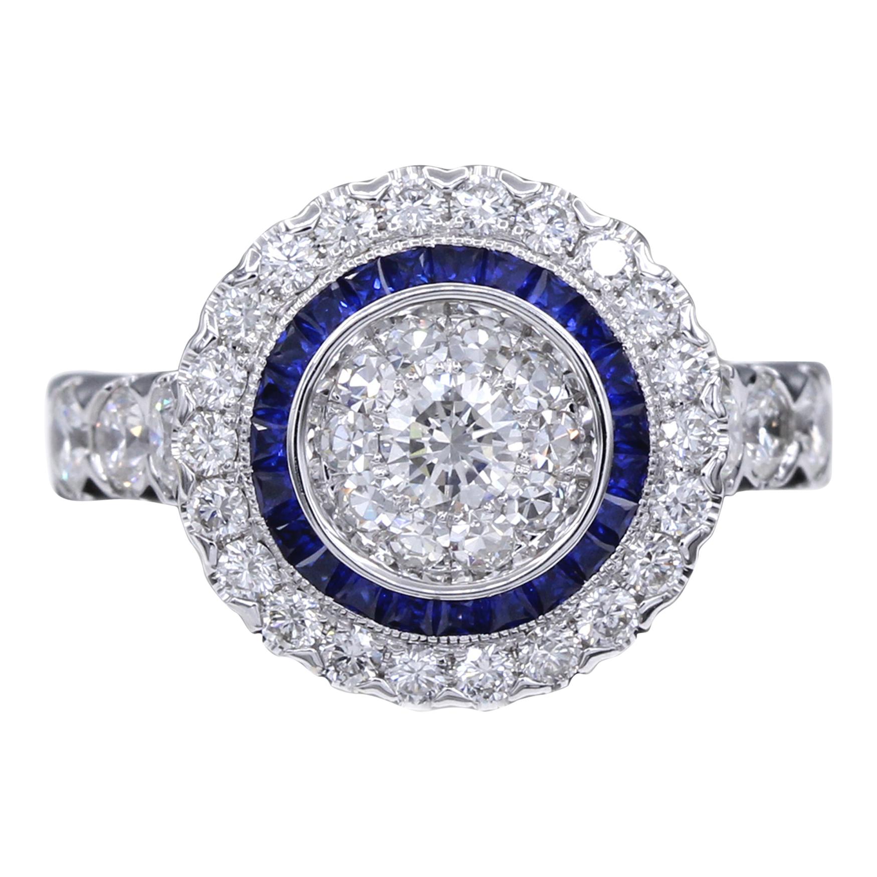 Art Deco Style Ring 18 Karat White Gold Diamonds and Blue Saphhire Art Deco Ring