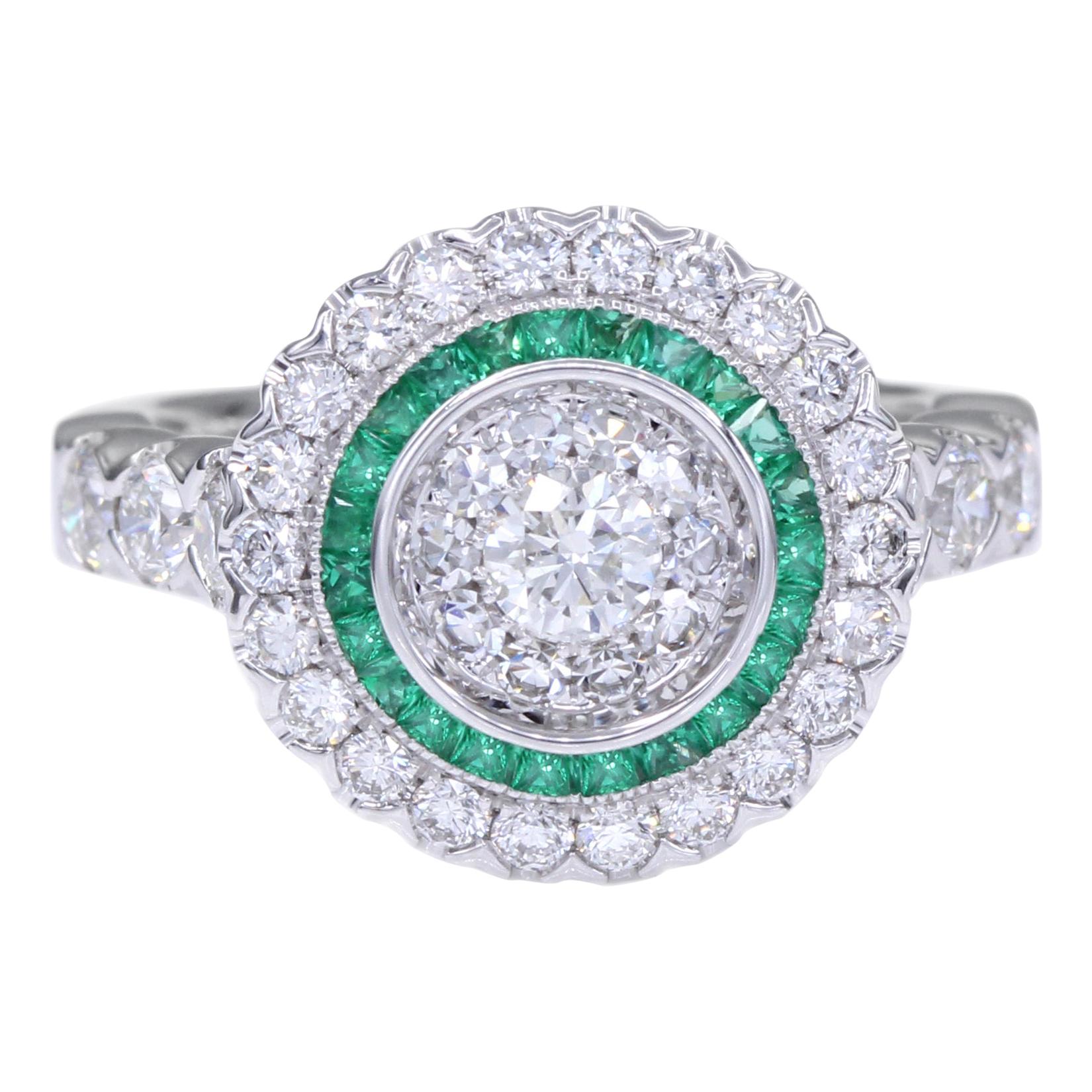 Art Deco Style Ring 18 Karat White Gold Diamonds and Green Emerald Art Deco Ring For Sale