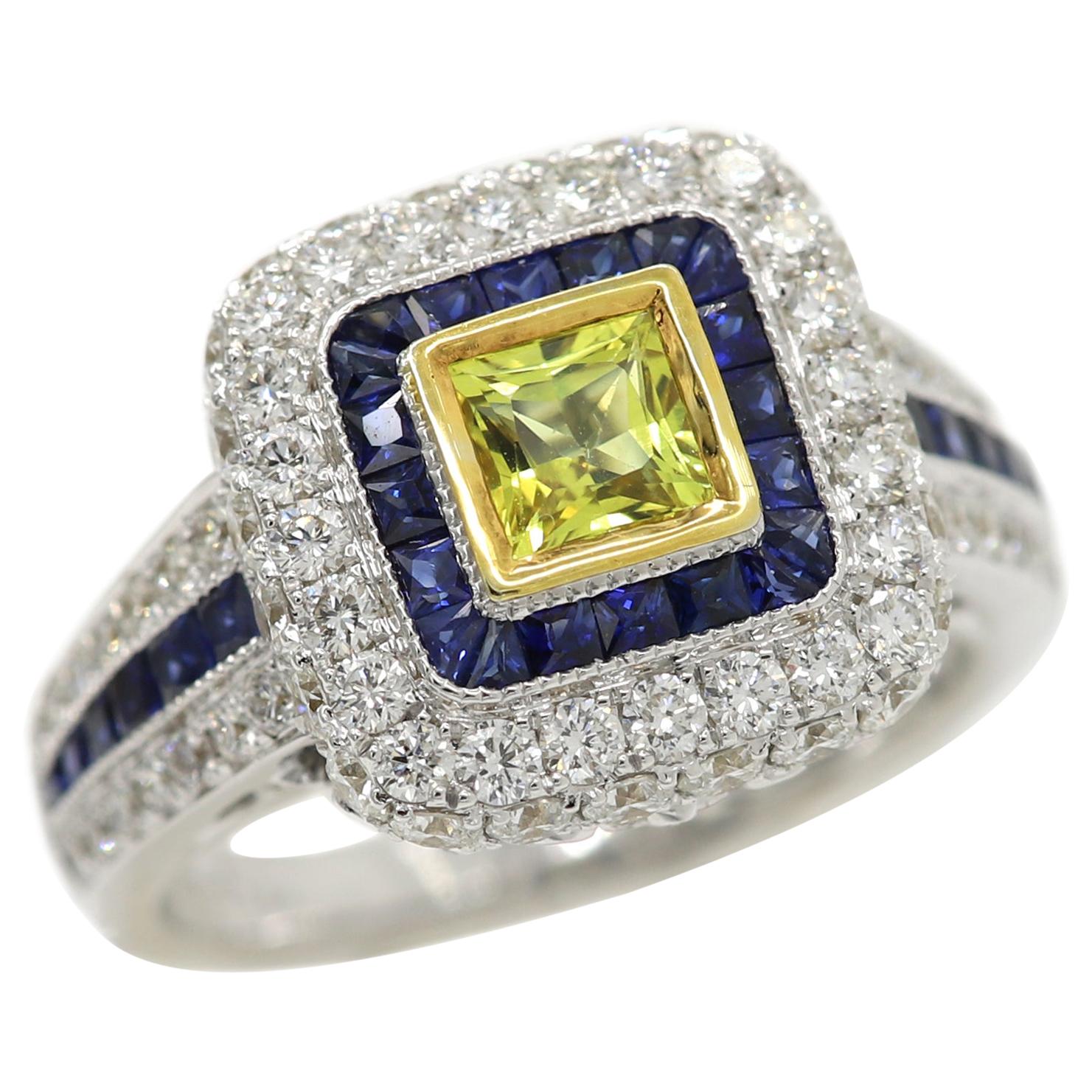 Art Deco Style Ring 18 Karat White Gold Diamonds, Princess Cut Yellow Sapphire