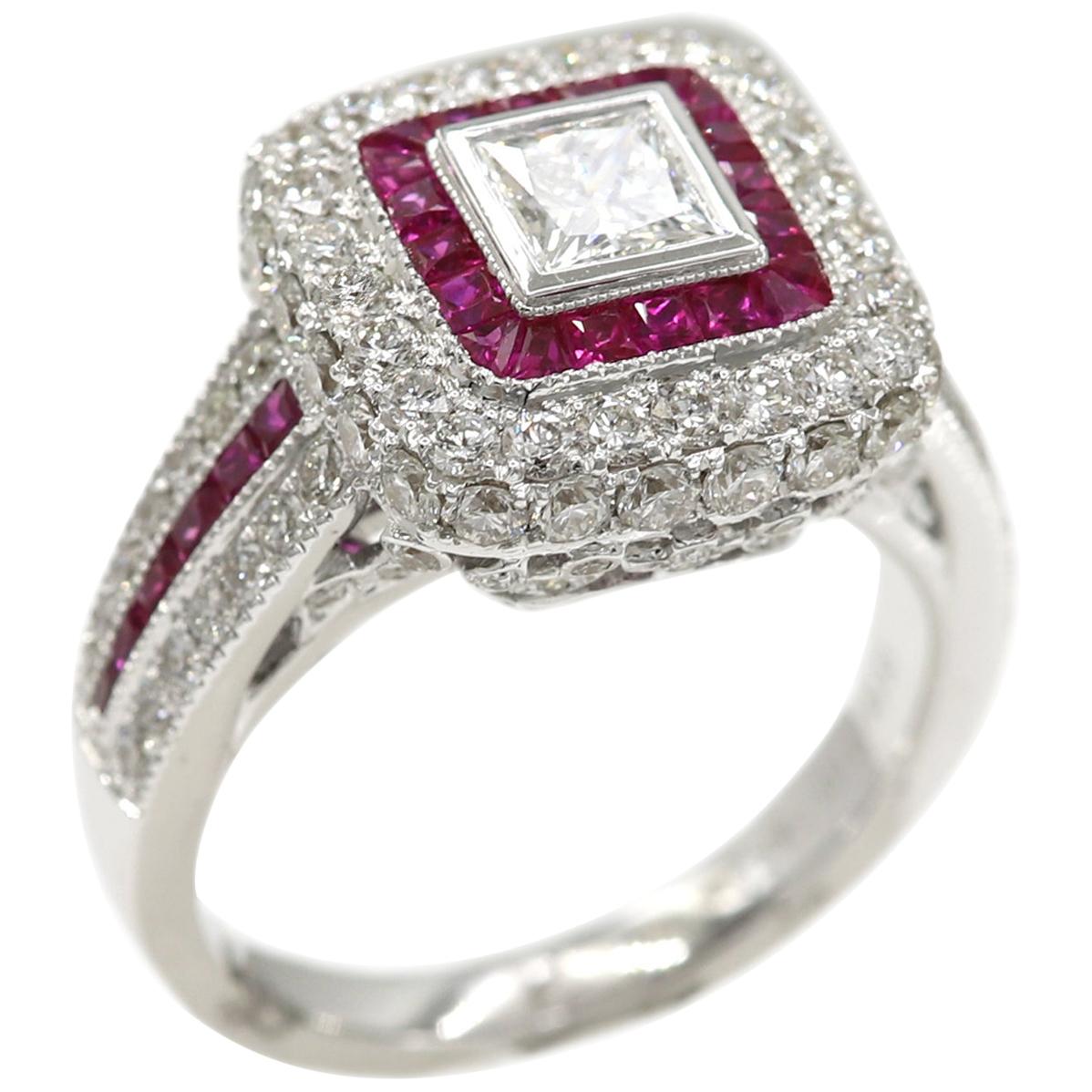 Art Deco Style Ring 18 Karat White Gold Diamonds, Princess Cut and Ruby Ring For Sale