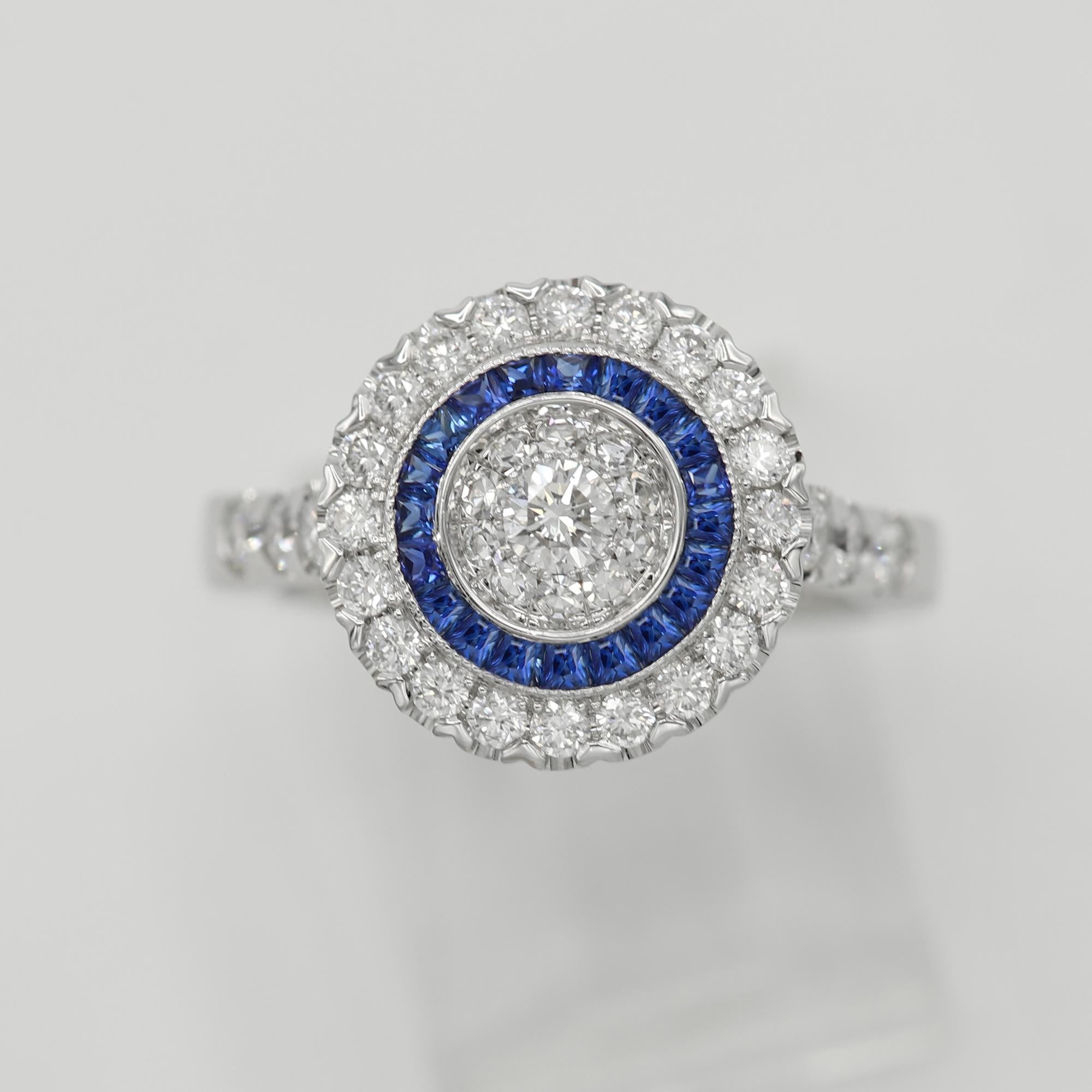 Round Cut Art Deco Style Ring 18 Karat White Gold Diamonds and Blue Saphhire Art Deco Ring For Sale