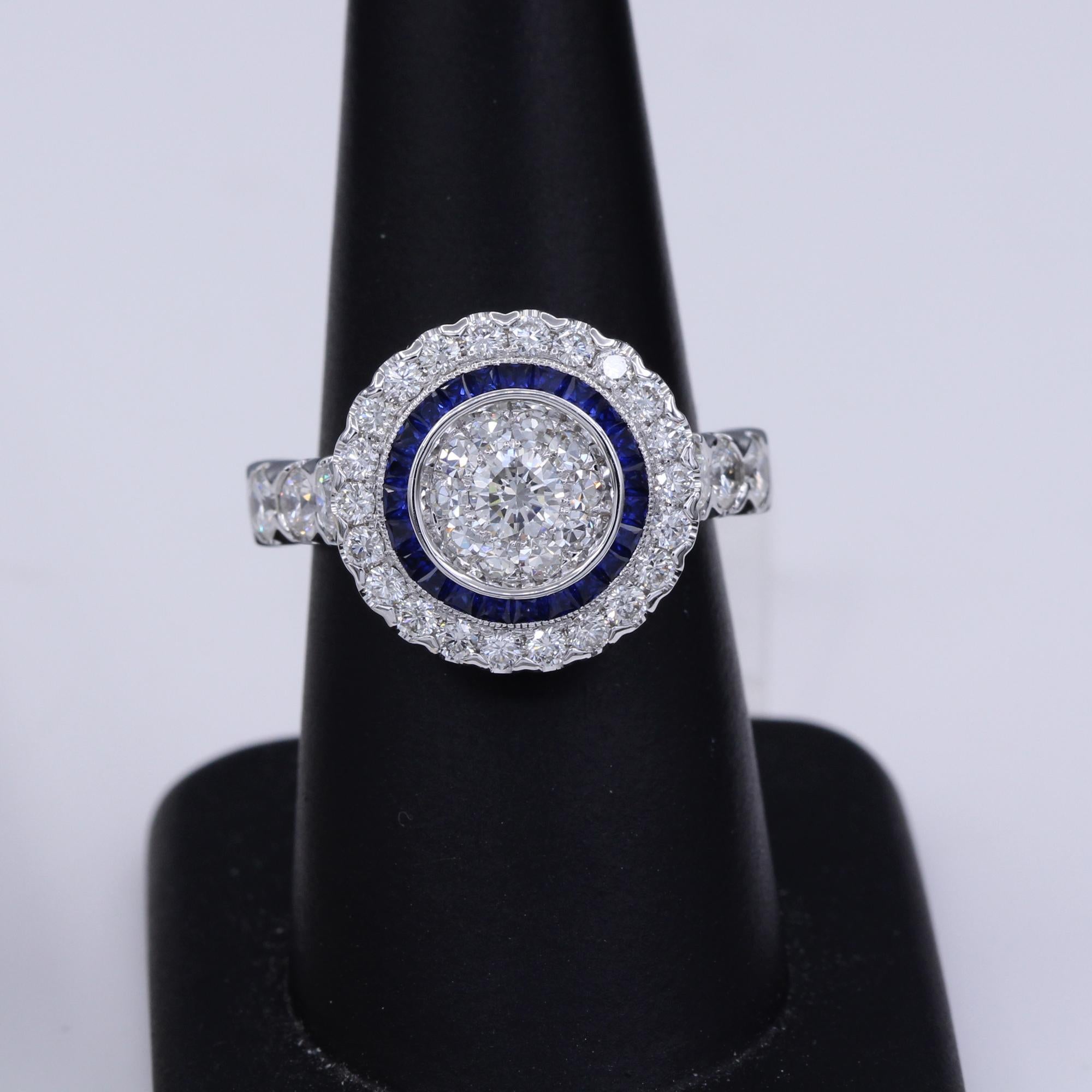 Art Deco Style Ring 18 Karat White Gold Diamonds and Blue Saphhire Art Deco Ring In New Condition For Sale In Brooklyn, NY