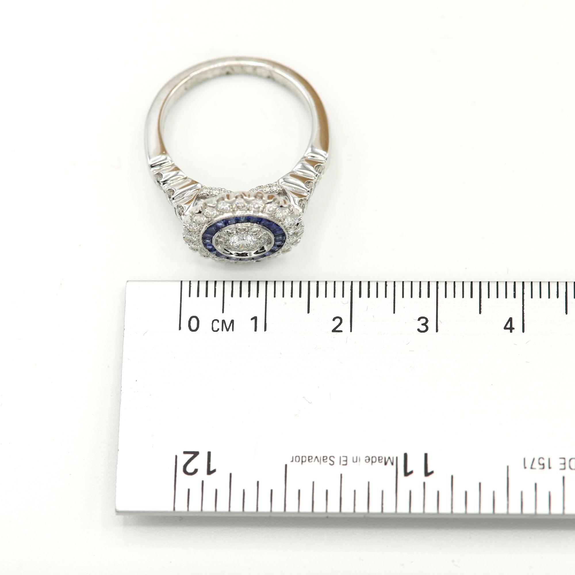 Women's Art Deco Style Ring 18 Karat White Gold Diamonds and Blue Saphhire Art Deco Ring For Sale