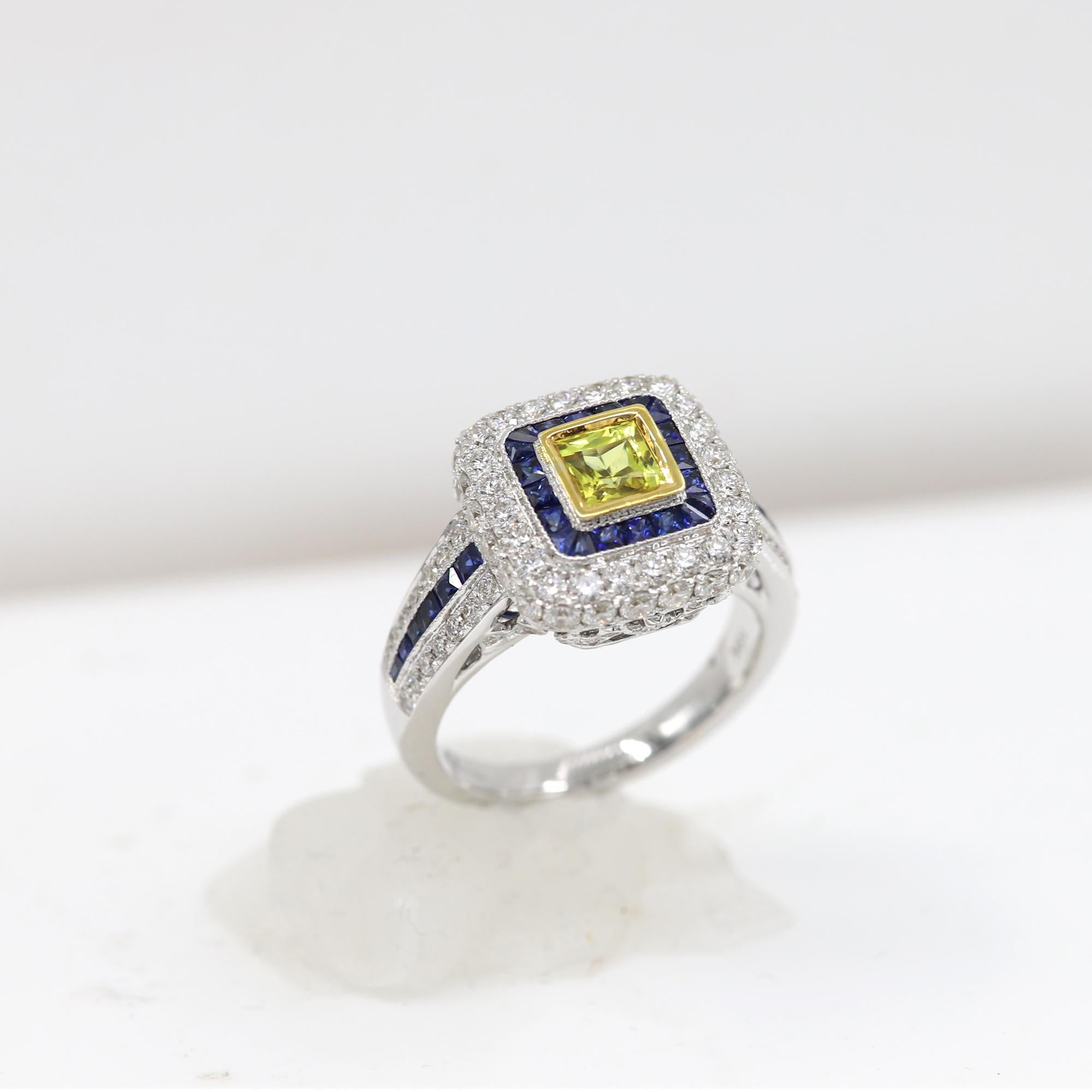 Art Deco Stil Ring 18 Karat Weißgold Diamanten, gelber Saphir im Prinzessinnenschliff (Art déco) im Angebot