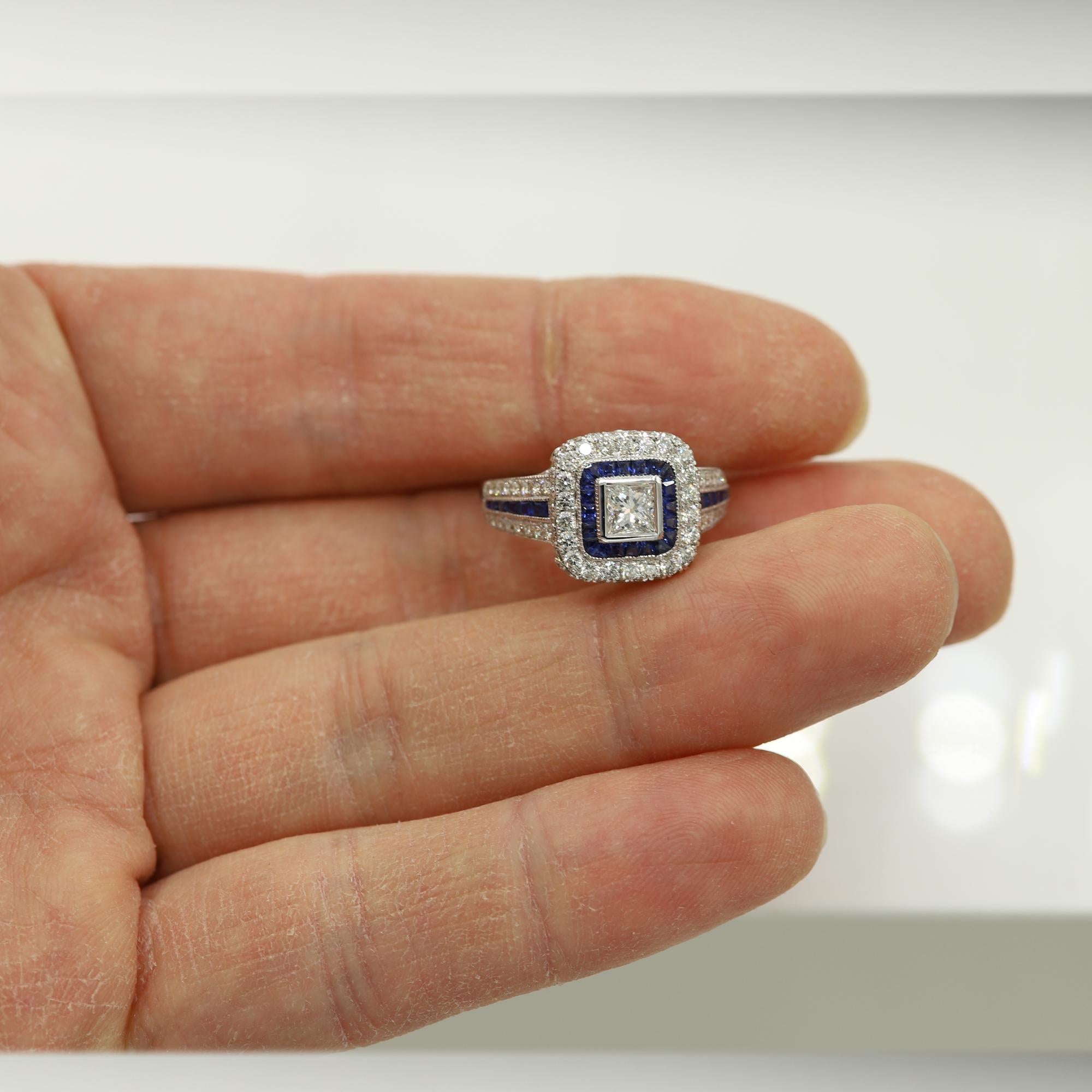 Women's Art Deco Style Ring 18 Karat White Gold, Princess Cut Diamond and Blue Sapphire For Sale