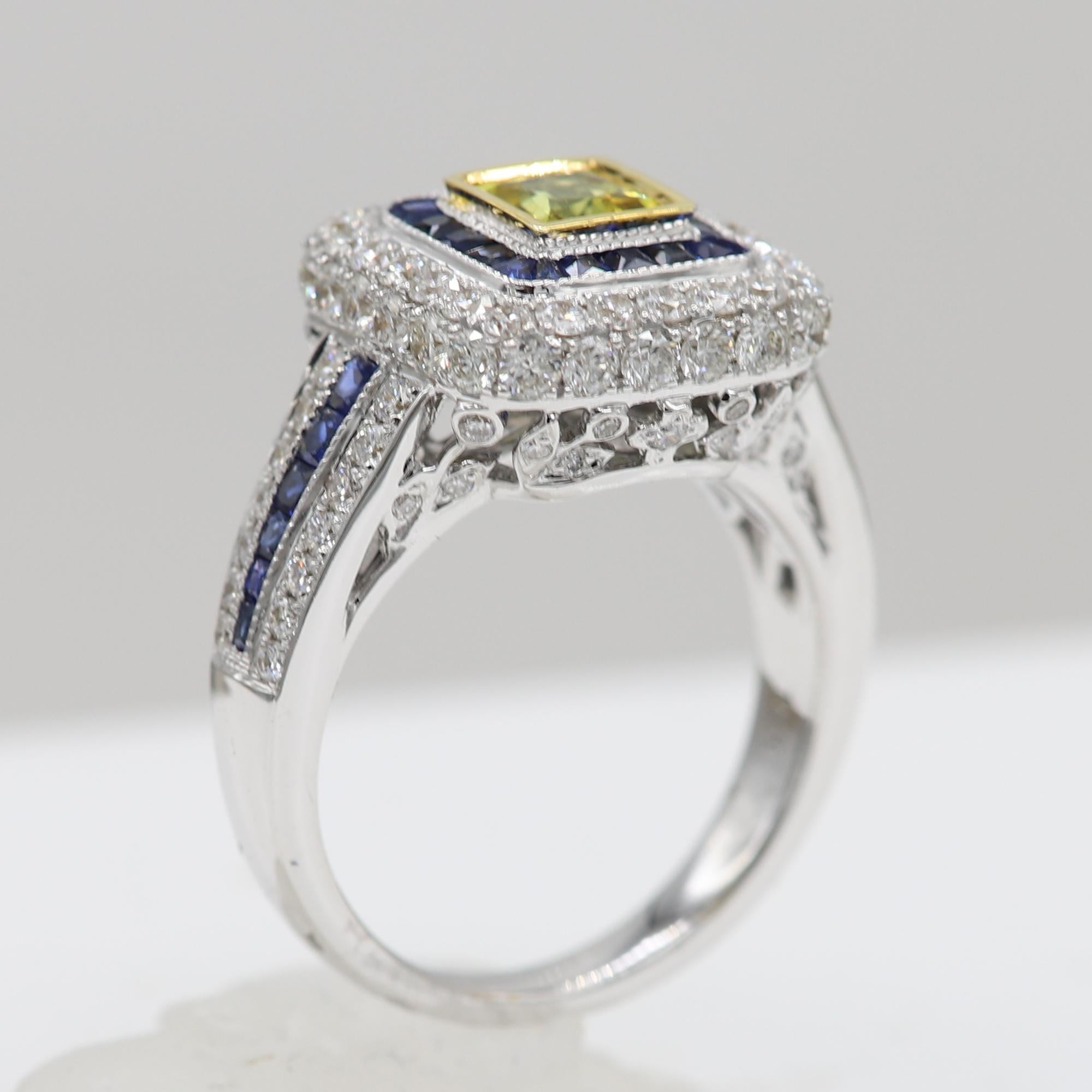 Art Deco Stil Ring 18 Karat Weißgold Diamanten, gelber Saphir im Prinzessinnenschliff (Carréschliff) im Angebot