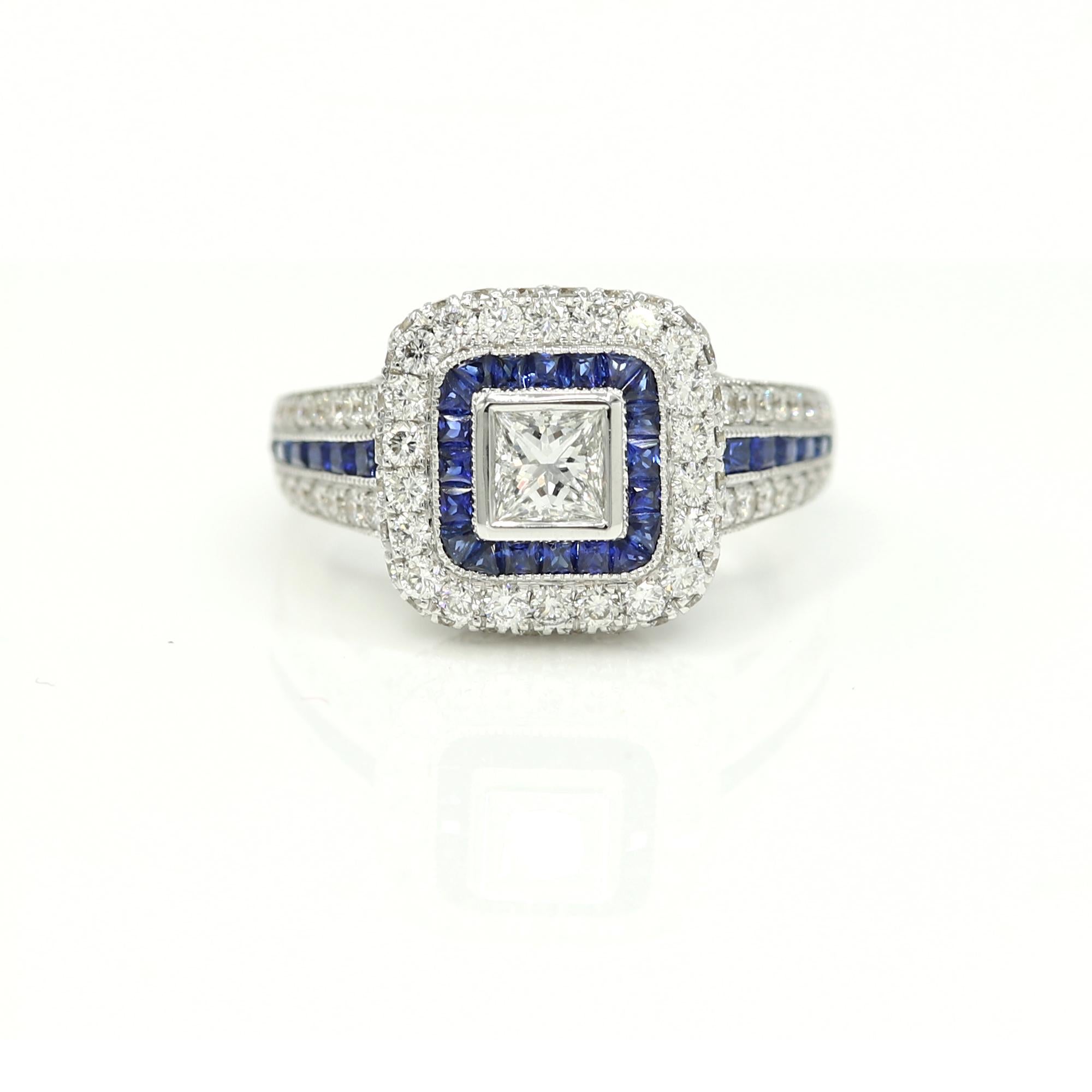 Art Deco Style Ring 18 Karat White Gold, Princess Cut Diamond and Blue Sapphire For Sale 1