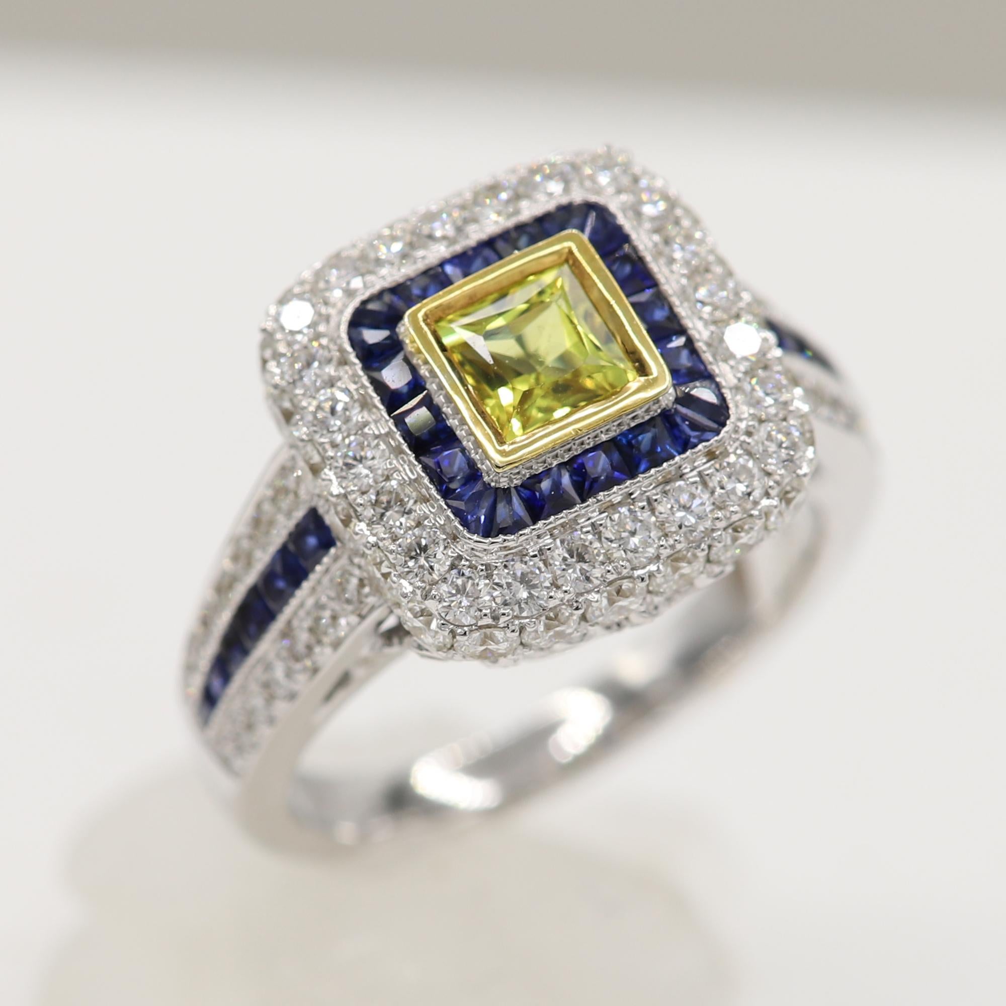 Women's or Men's Art Deco Style Ring 18 Karat White Gold Diamonds, Princess Cut Yellow Sapphire For Sale