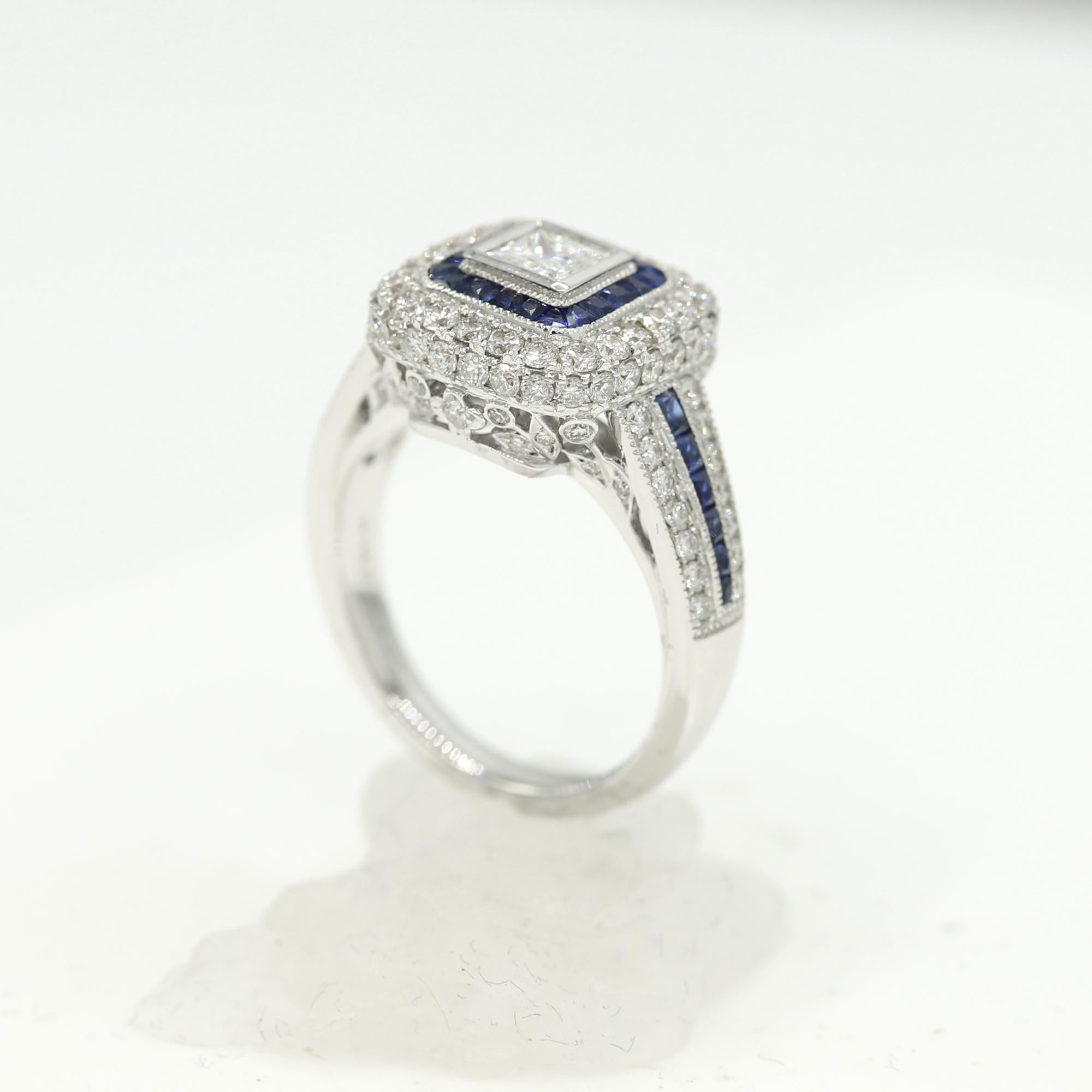 Art Deco Style Ring 18 Karat White Gold, Princess Cut Diamond and Blue Sapphire For Sale 2