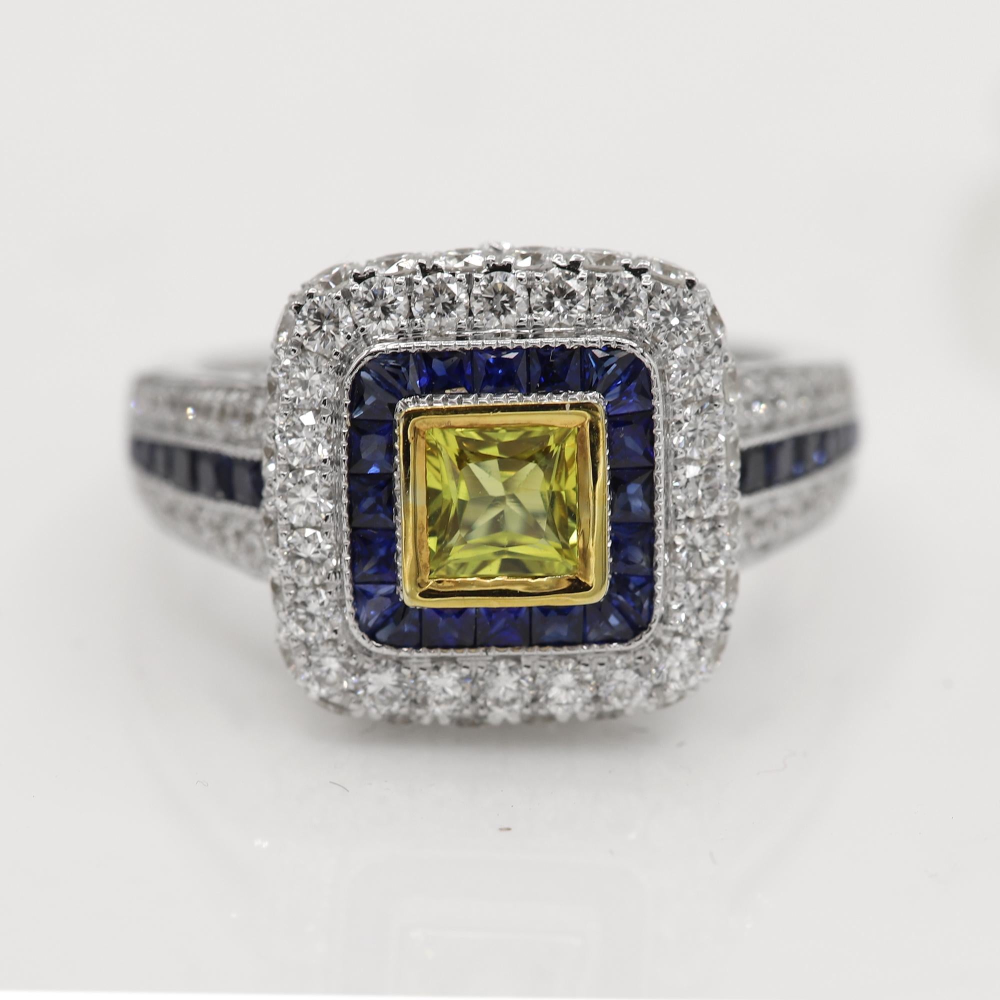 Art Deco Style Ring 18 Karat White Gold Diamonds, Princess Cut Yellow Sapphire For Sale 1