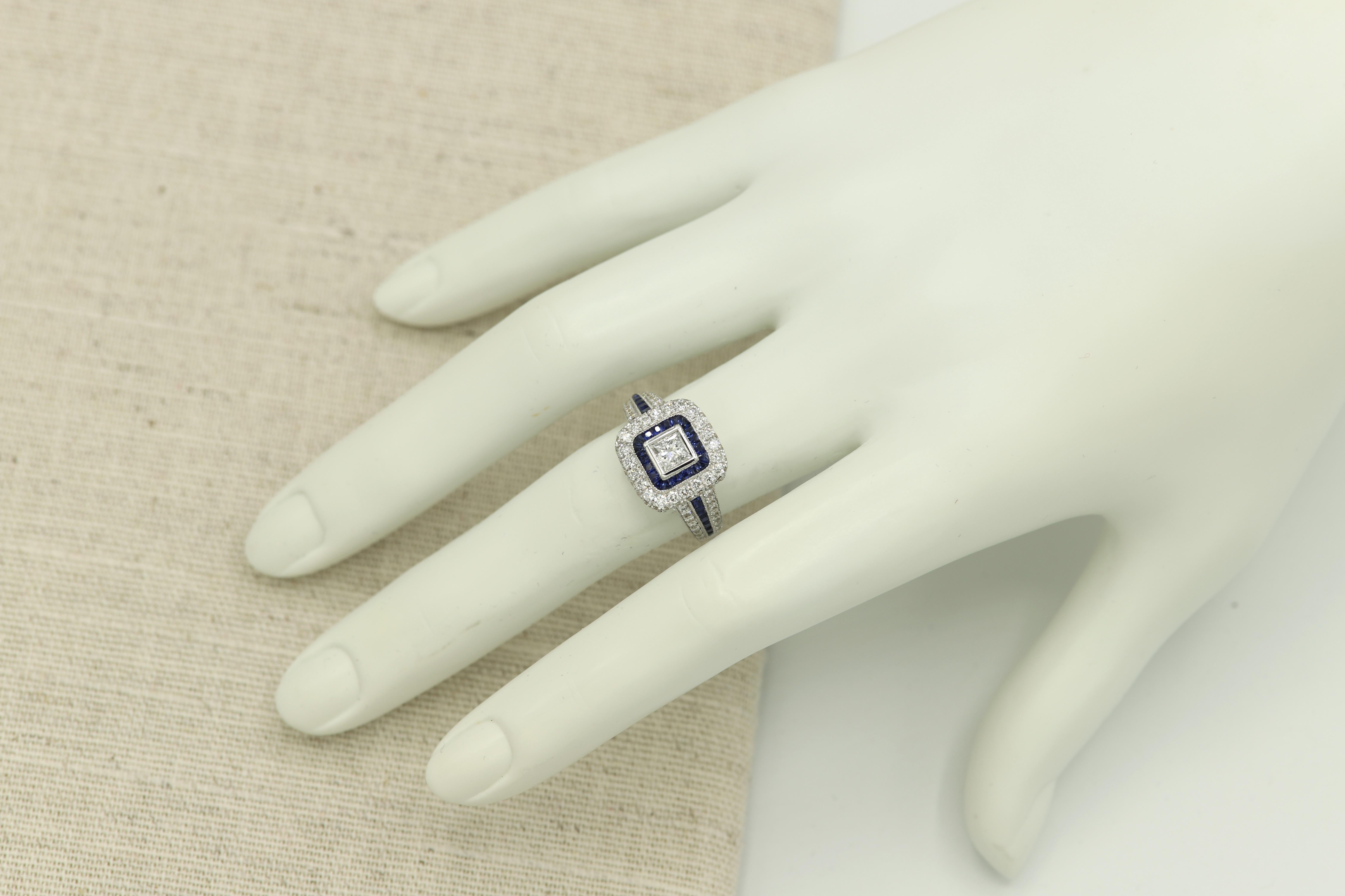 Art Deco Style Ring 18 Karat White Gold, Princess Cut Diamond and Blue Sapphire For Sale 3