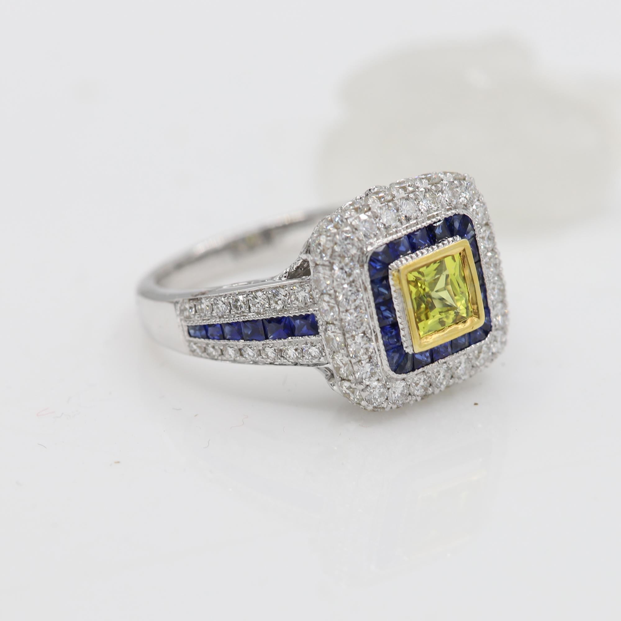 Art Deco Style Ring 18 Karat White Gold Diamonds, Princess Cut Yellow Sapphire For Sale 2