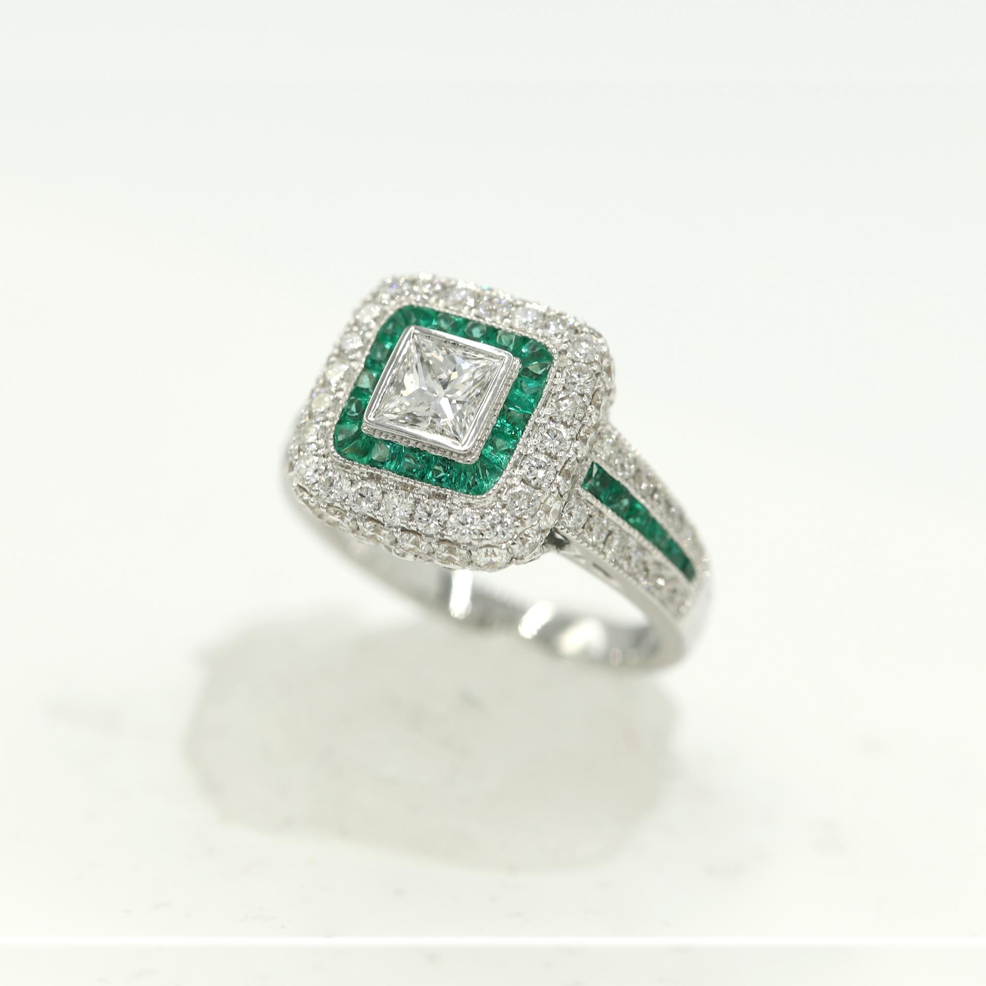 Art Deco Style Ring 18 Karat White Gold Diamond Princess Cut and Emeralds In New Condition For Sale In Brooklyn, NY