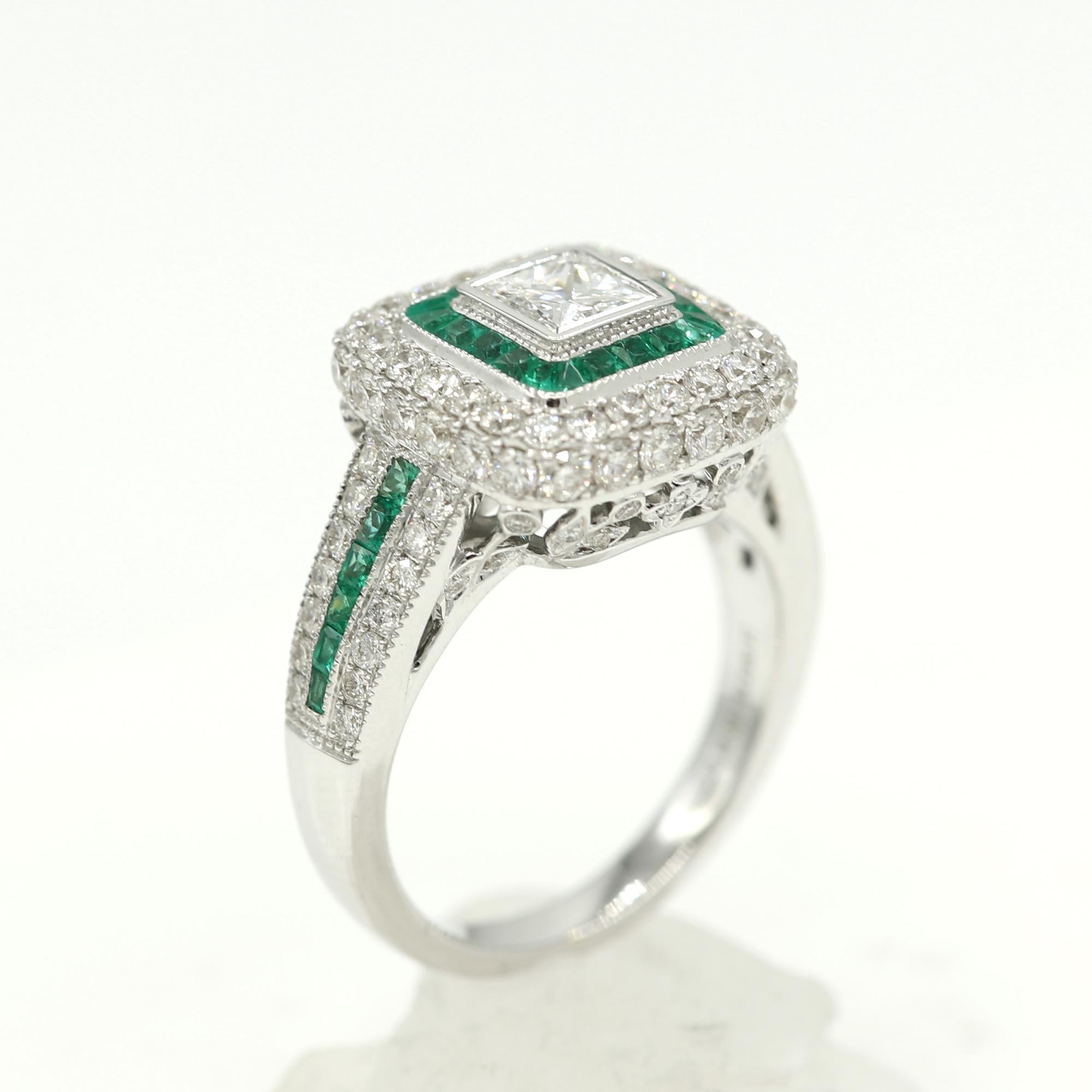 Women's Art Deco Style Ring 18 Karat White Gold Diamond Princess Cut and Emeralds For Sale
