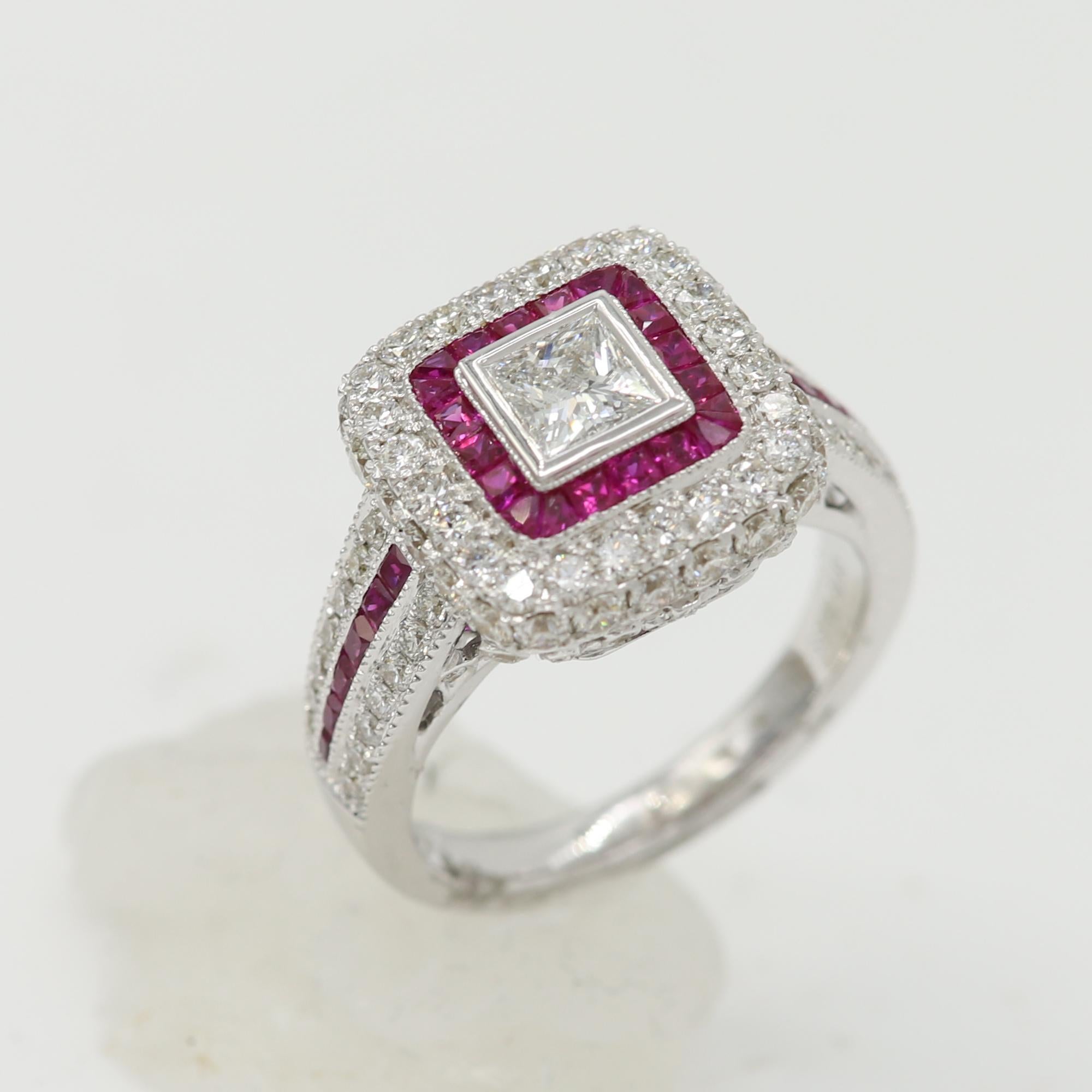 Brilliant Art Deco Style Ring. 18k White Gold 10.10 grams. Total all Diamonds 2.14 carat (center stones is princess cut Diamond 0.52 carat) Ruby total 0.83 carat. overall design area size on the top is 13 x 13 mm. Finger size 7.
diamonds are GH-SI