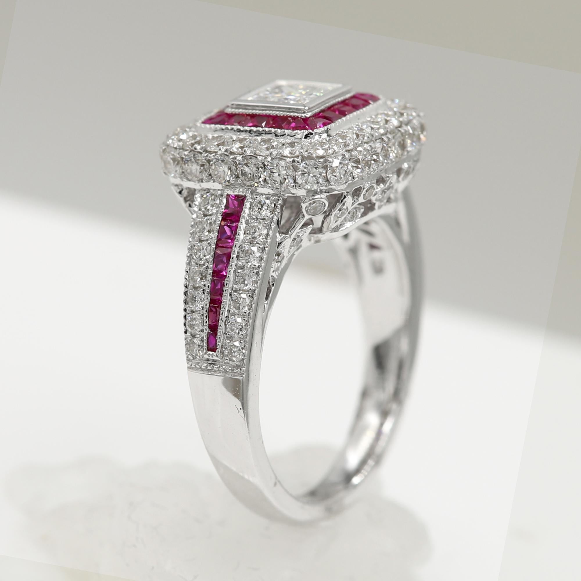 Art Deco Style Ring 18 Karat White Gold Diamonds, Princess Cut and Ruby Ring In New Condition For Sale In Brooklyn, NY