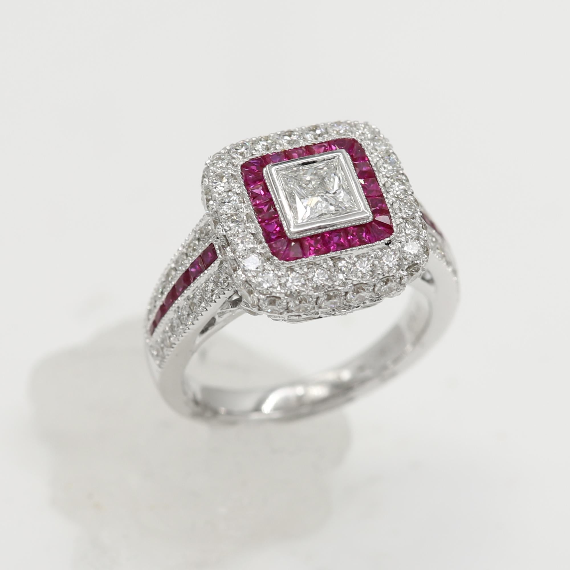 Women's Art Deco Style Ring 18 Karat White Gold Diamonds, Princess Cut and Ruby Ring For Sale