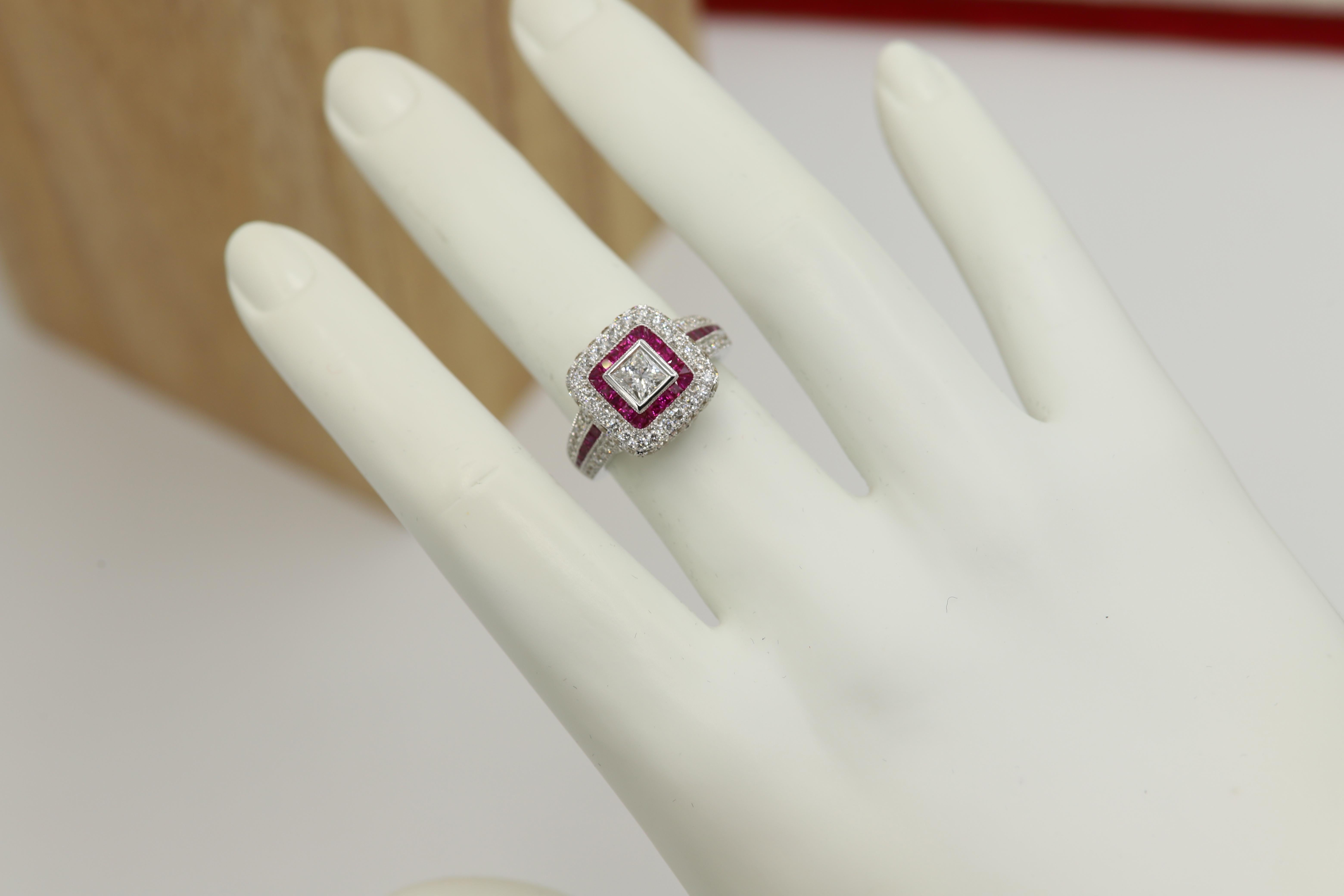 Art Deco Style Ring 18 Karat White Gold Diamonds, Princess Cut and Ruby Ring For Sale 2