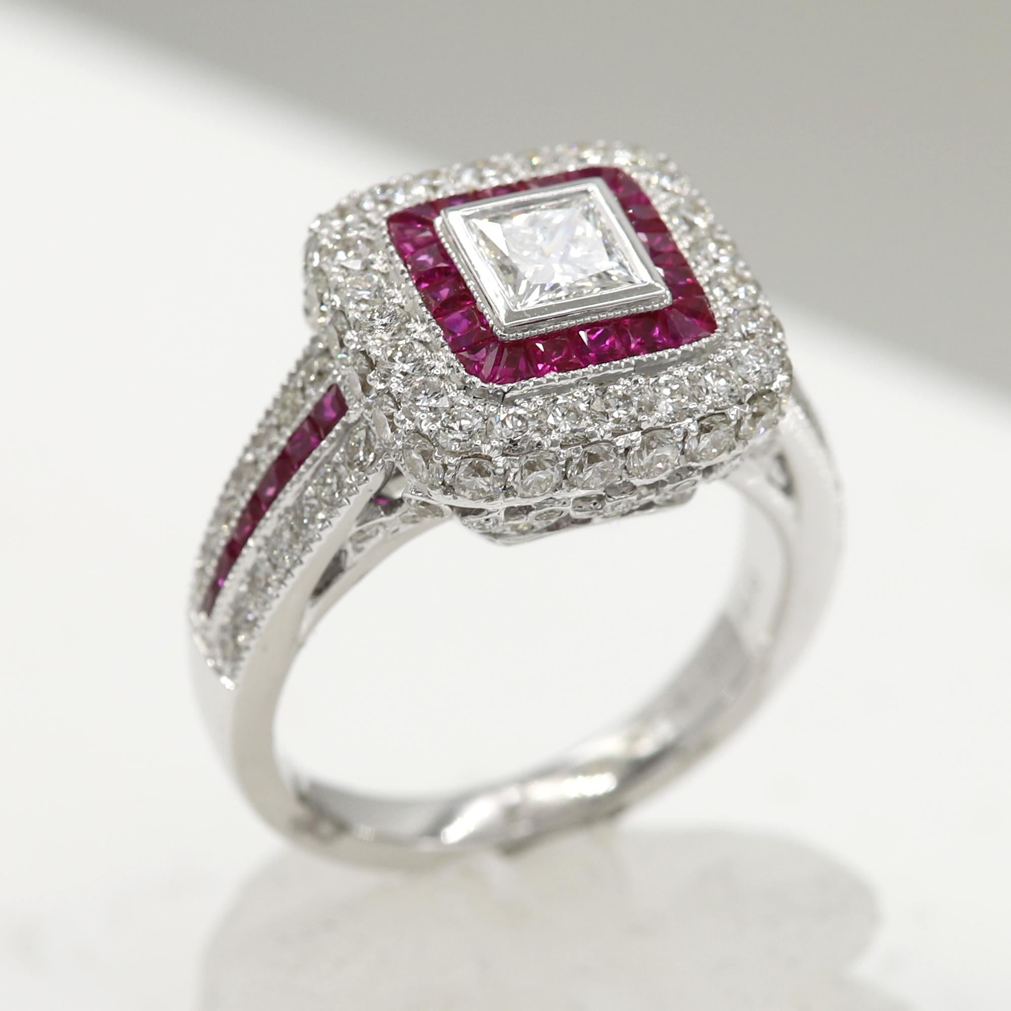 Art Deco Style Ring 18 Karat White Gold Diamonds, Princess Cut and Ruby Ring For Sale 3