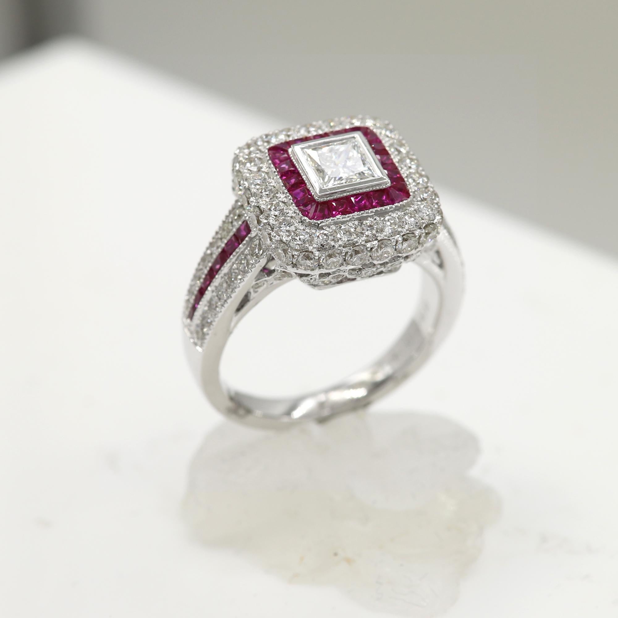 Art Deco Style Ring 18 Karat White Gold Diamonds, Princess Cut and Ruby Ring For Sale 4