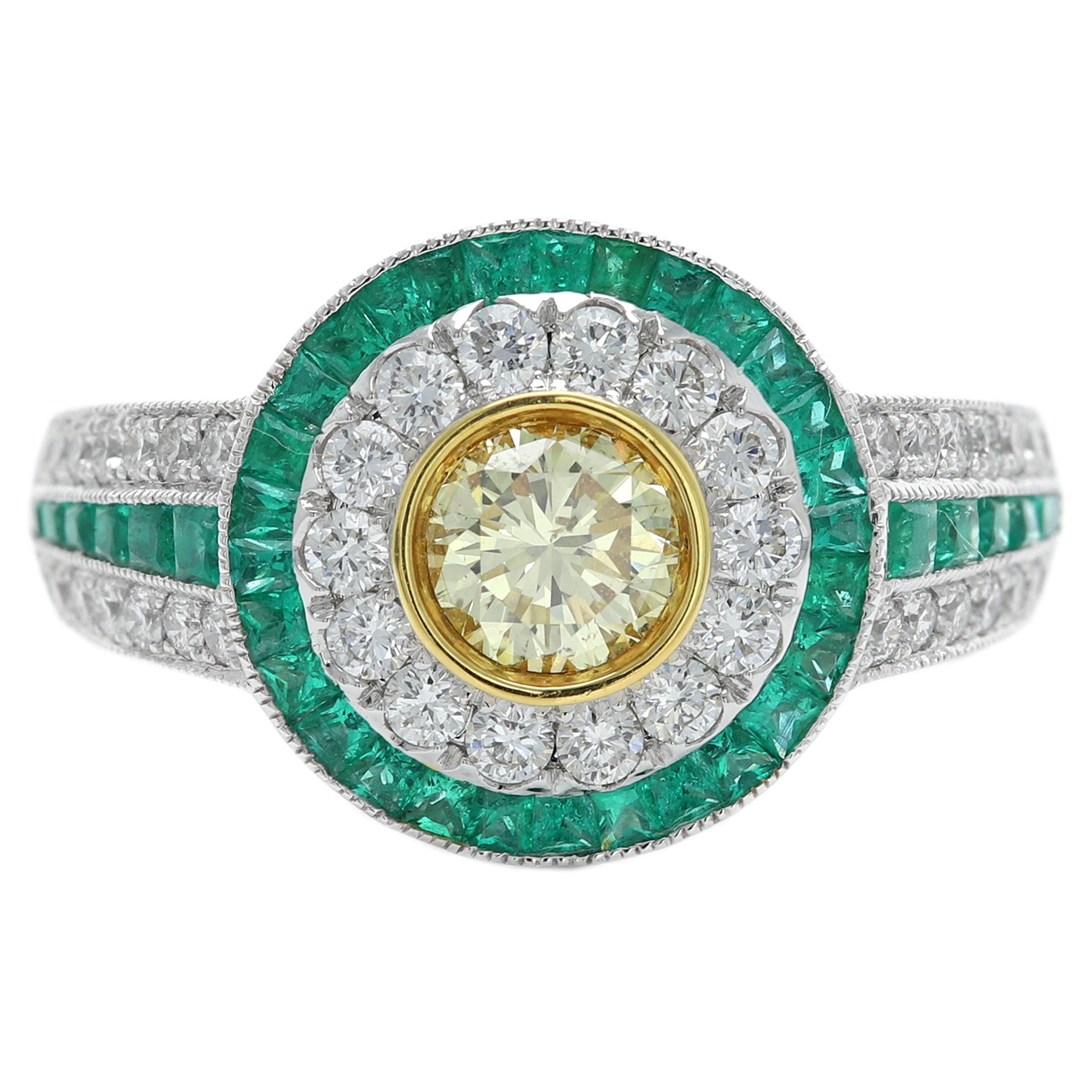 Art Deco Style Ring Emerald and Diamonds 18 Karat White Gold and Yellow Diamond For Sale