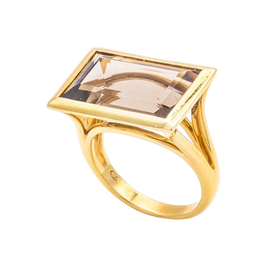 Art Deco Style Ring in 18K Yellow Gold Set with an Emerald Size Smoked Quartz