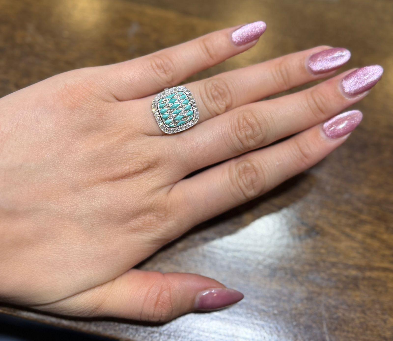 Art Deco Stil Ring - Platin Diamant und Türkis im Angebot 4