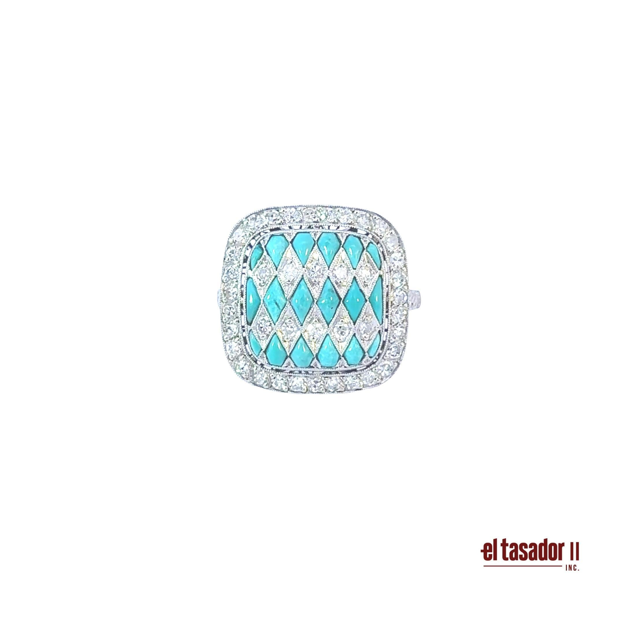 Ein auffälliger, vom Art déco inspirierter Platinring mit 0,66 Karat Diamanten im Brillantschliff, eingefasst in ein faszinierendes geometrisches Muster aus Türkissteinen. Diamanten und Türkis wechseln sich in einem eleganten Harlekin-Motiv ab, das